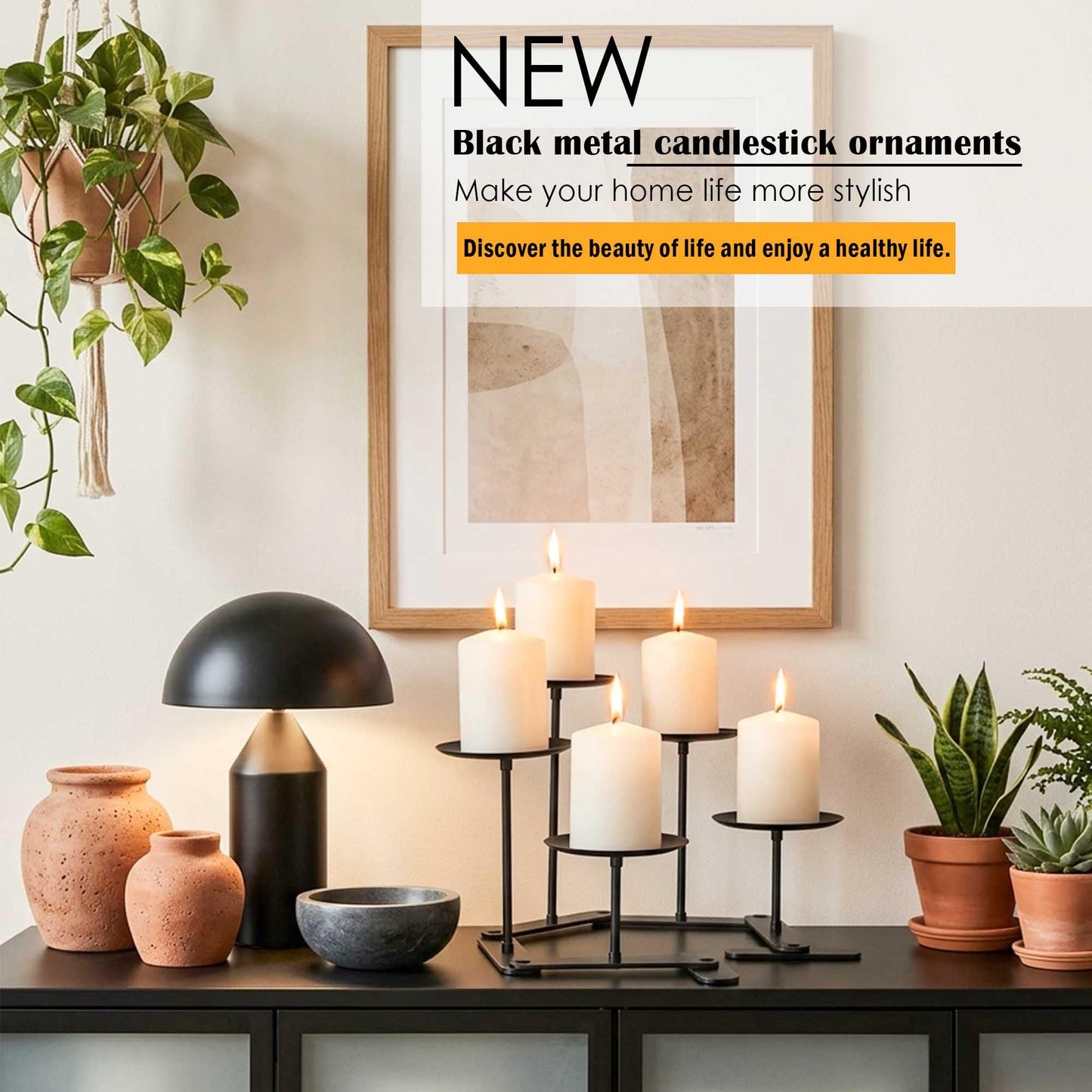 Adjustable Candelabra Candle Holder: 5 Candle Iron Candelabra Fireplace Candle Holder for Pillar Candles, Black