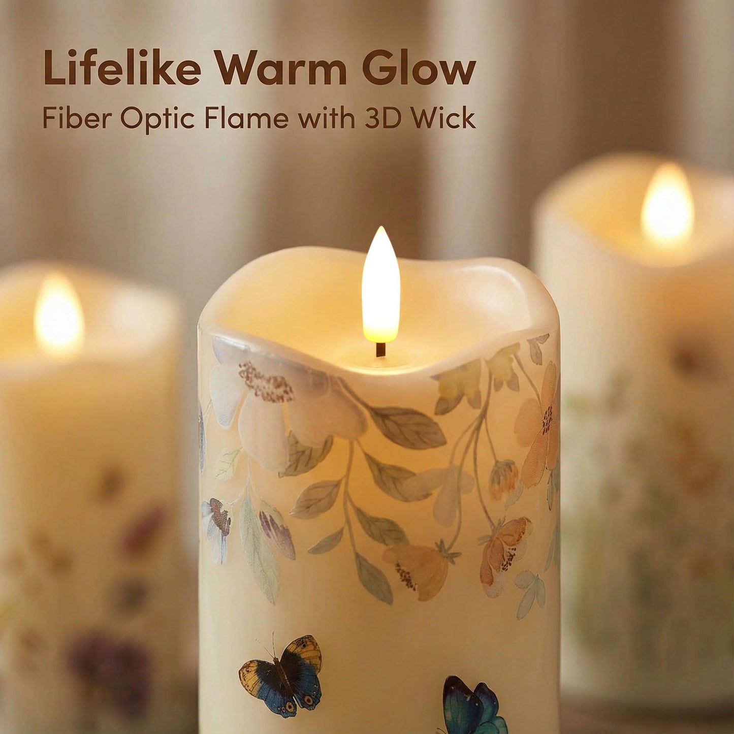 Eywamage Fiber Optic Flameless Pillar Candles with Remote Set of 3, Butterfly Floral Spring LED Candles Battery Operated Gift Φ 3" H 6"