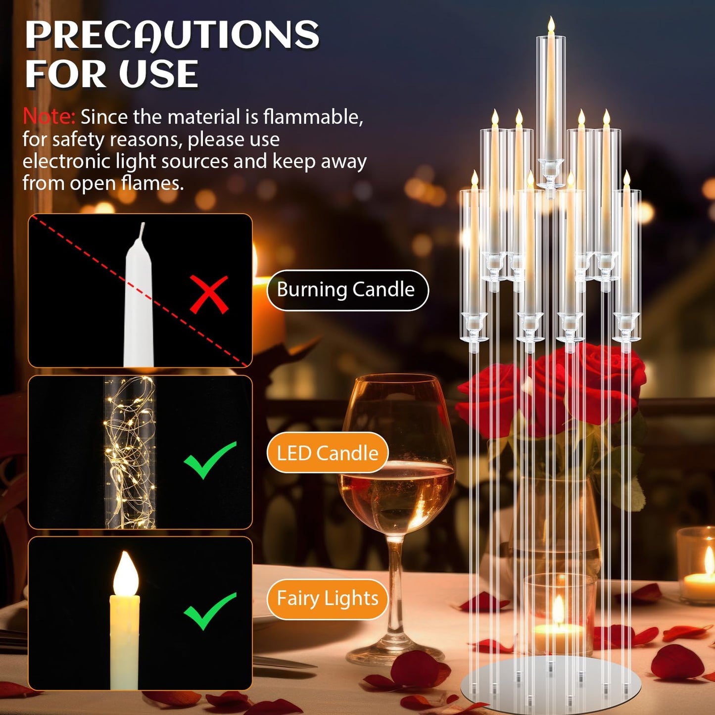 Tessco 4 Pcs 9 Arm 42.5" Acrylic Candelabra Table Centerpiece Floor Candelabras Clear Candle Holder with Removable Lampshade Wedding Candelabra Centerpiece Fit 0.8 LED