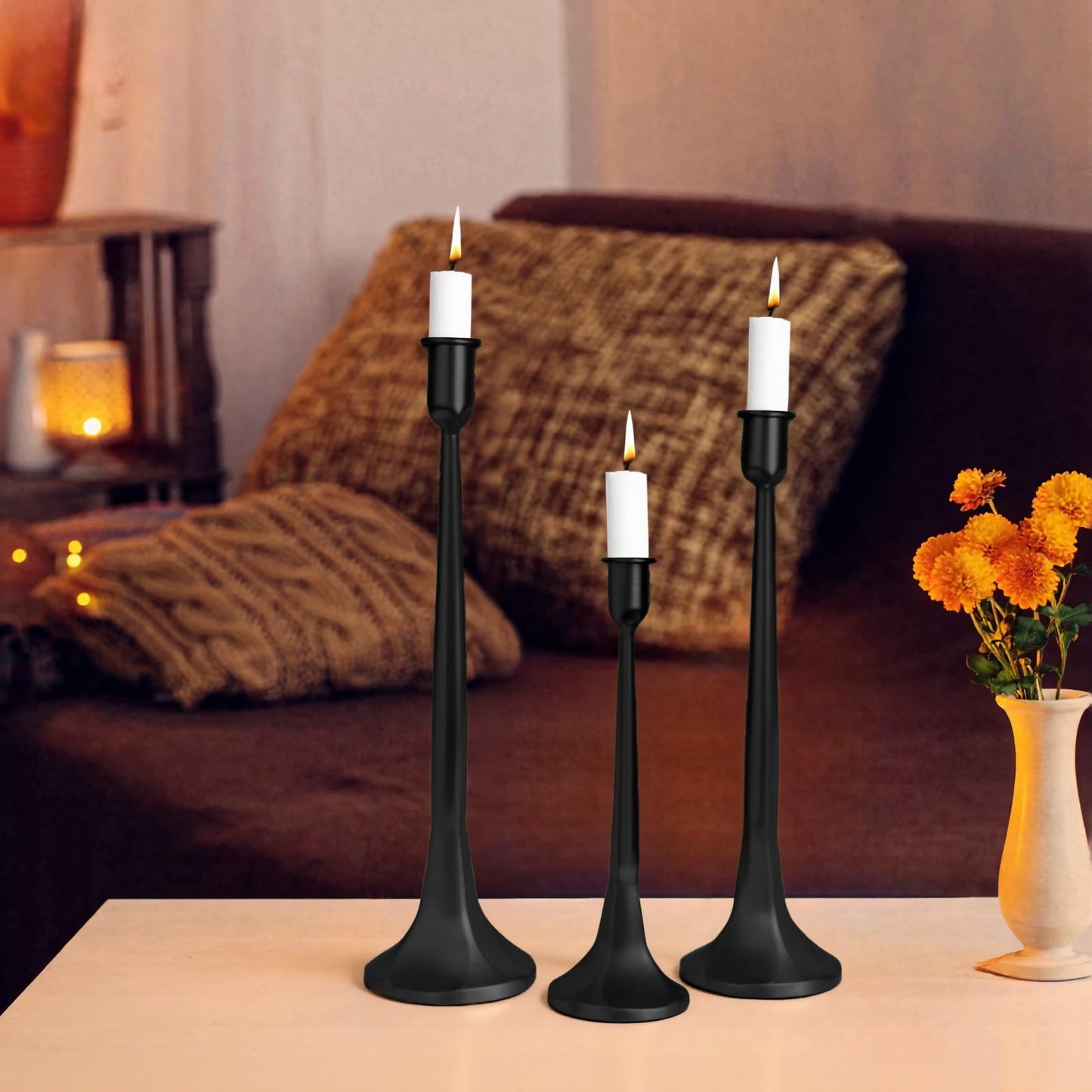 Set of 3 Taper Candle Holders, Cast Iron Candlestick Holders Tall for Wedding, Dining Table, Halloween & Fall Decor, Home Decoration (Black, 12" 14" 15.5")