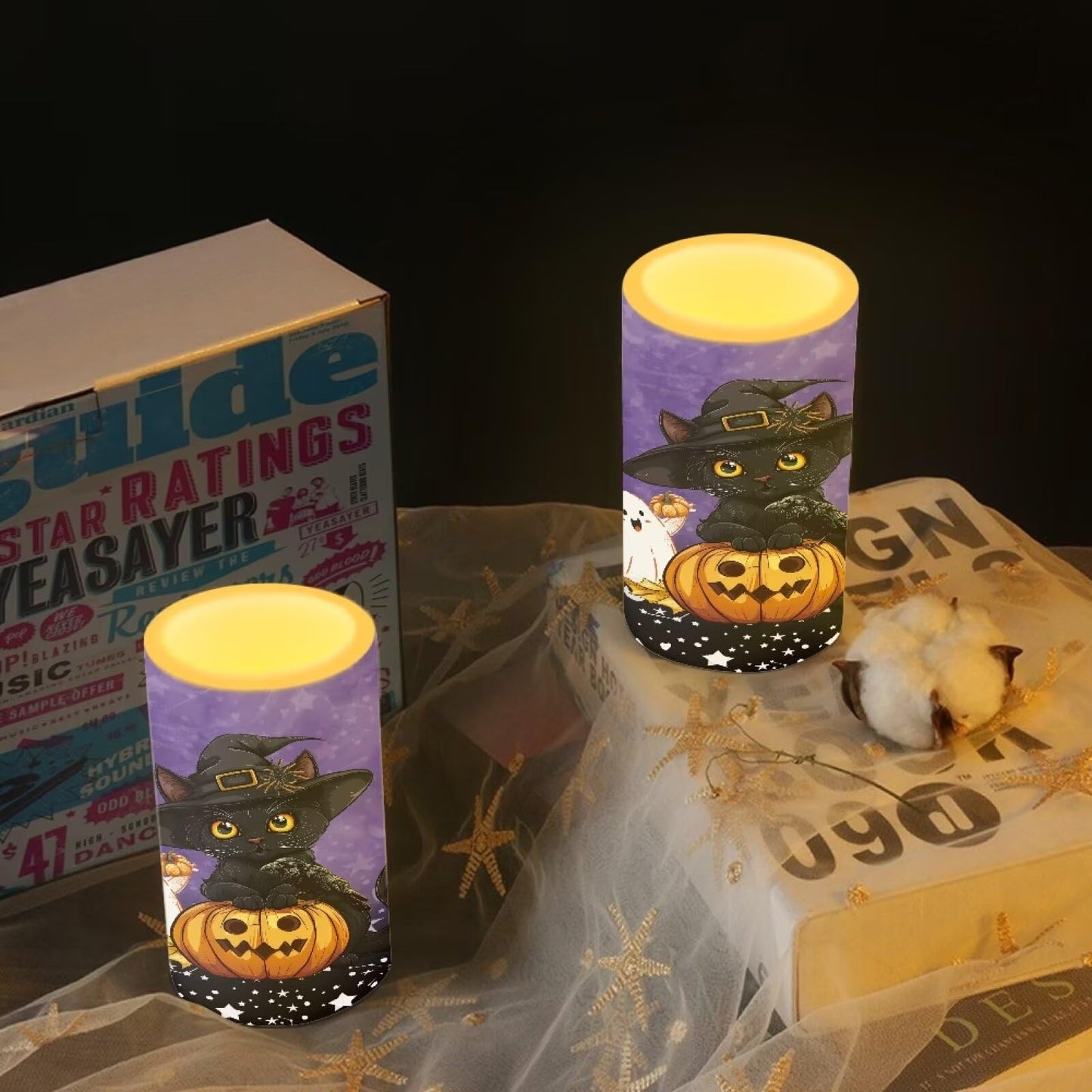 Luarisgur Halloween Flameless Candles with Remote, 2 Pack LED Battery Operated Candles for Halloween Party Multicolor Flameless Electric Pillar Candle with Black Cat Ghost