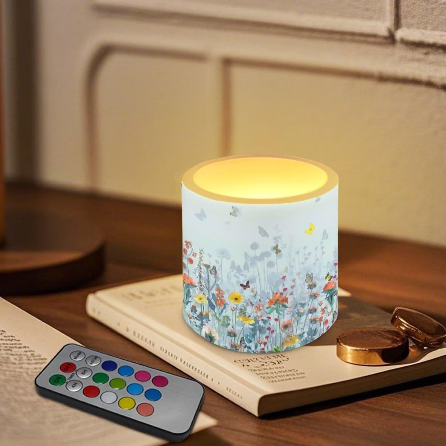 Merkmak 4 Pack Flameless Candles with Remote and Timer Flameless Pillar Tea Lights Bulk for Indoor Outdoor Battery Operated Candles, Butterfly Hibiscus Flower
