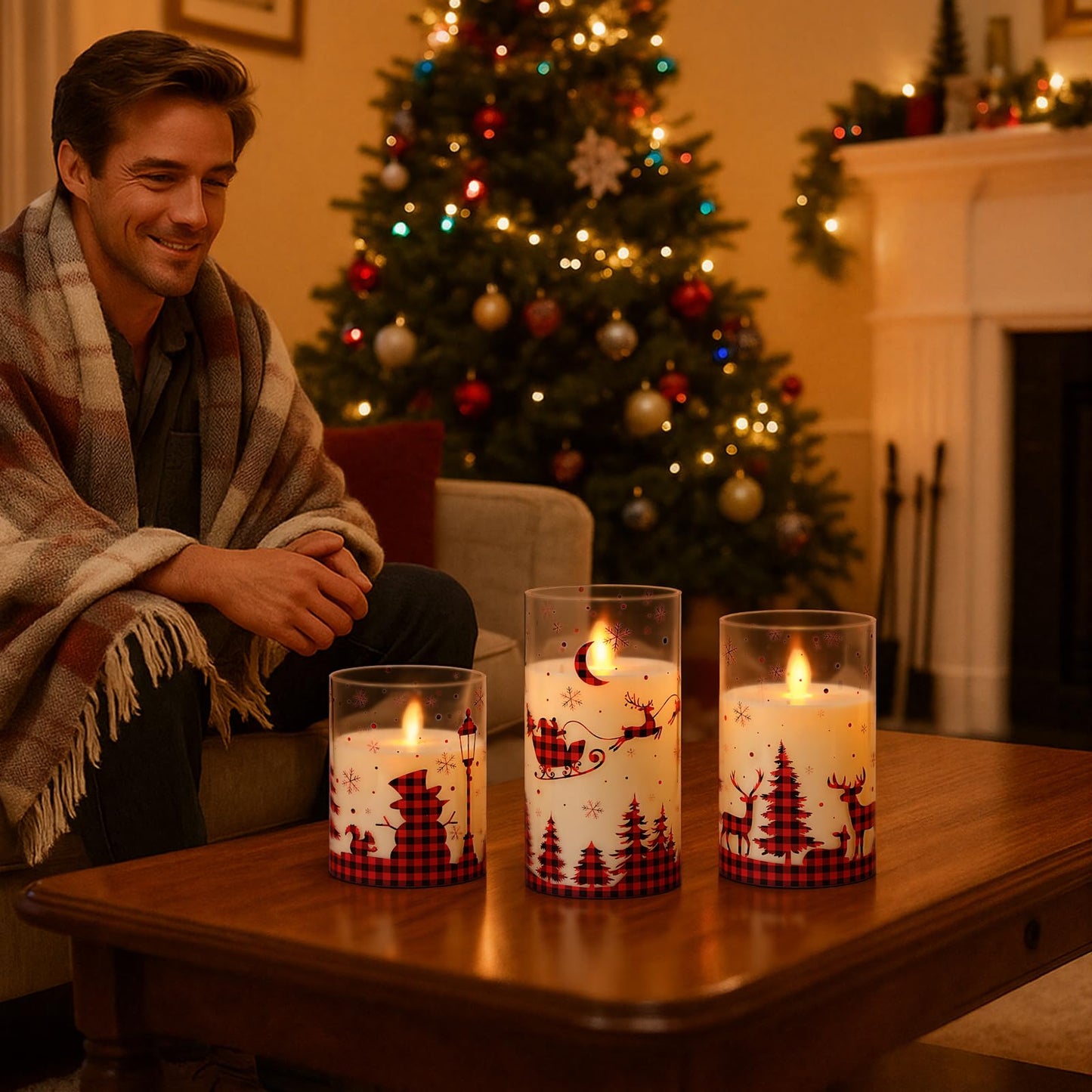 Blosssound 3 Pack Buffalo Plaid Christmas Flameless Candles Battery Operated Xmas Red Glass Flameless Flickering Candles LED for Home Fireplace Winter Holiday Table Decorations Christmas Gifts