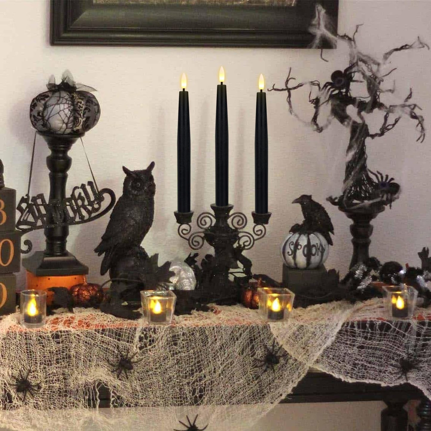 GenSwin Black Flameless Taper Candles with Remote, Halloween Flameless Candles Flickering Battery Operated, Real Wax LED Halloween Candlesticks with 3D Wick for Home Decor(Set of 3, 0.78” x 9.65”)