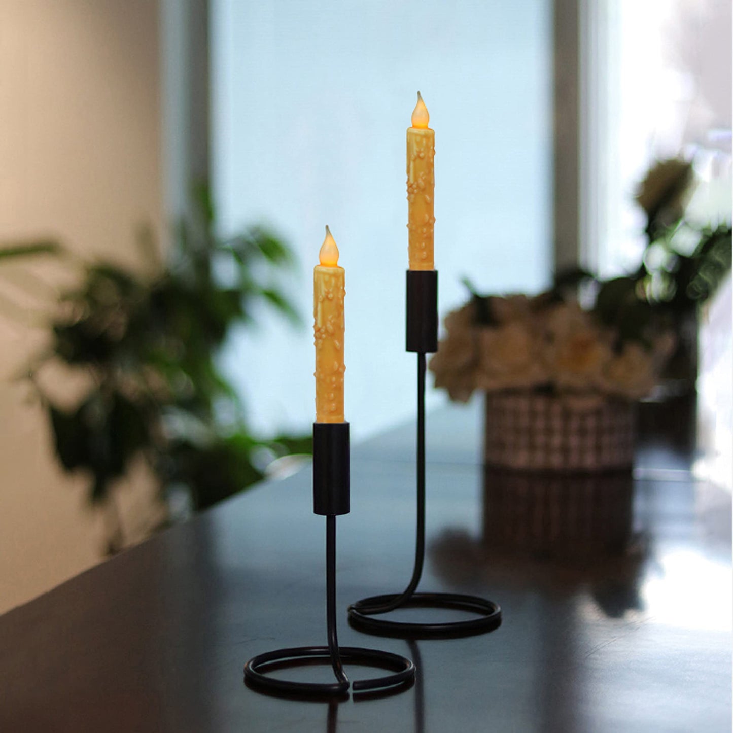 CVHOMEDECO. Real Wax Hand Dipped Battery Operated LED Timer Taper Candles Rustic Primitive Flameless Lights Decor, 6-3/4 Inch, Orange, 3 PCS in a Package