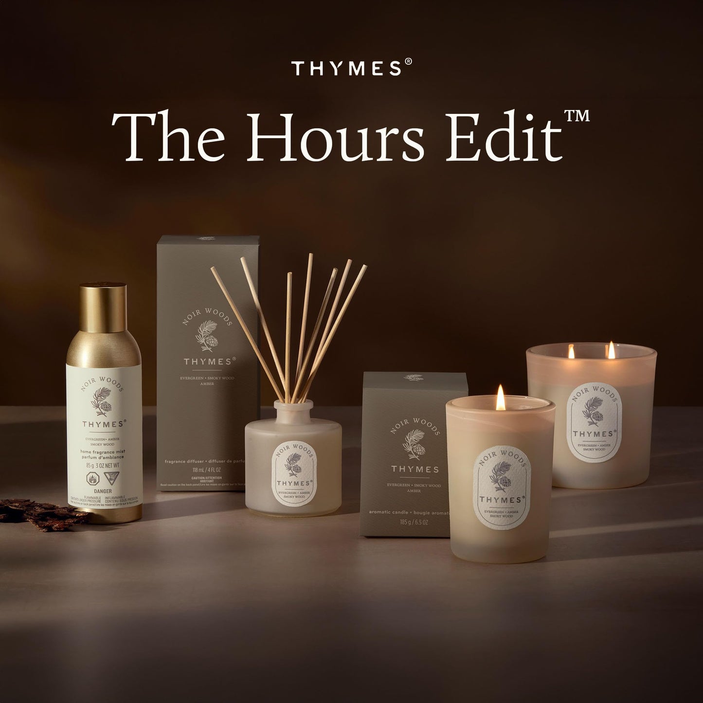 Thymes Noir Woods Scented Candles for Home Decor – Notes of Fresh Evergreen, Smoky Wood & Golden Amber – Luxury Home Fragrance Gifts for Women & Men – (Boxed Small Candle, 6.5 oz)