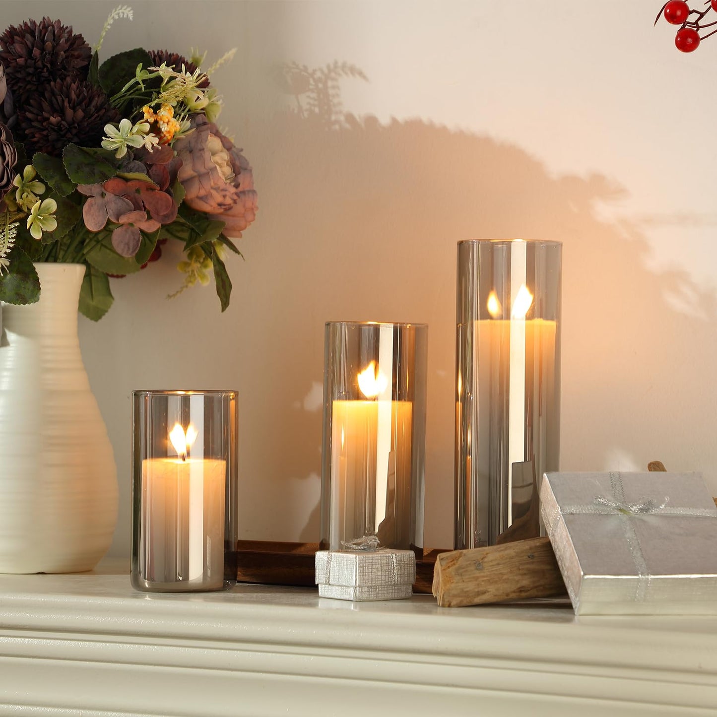 Shihanee 36 Pcs Pillar Candles and Glass Cylinder Vases Tall Cylinder Holders for Pillar Candles Wedding Centerpieces, Total 18 Sets(2.6'' X 4.7'', 5.9'', 7.9'',Smoke Gray,White)