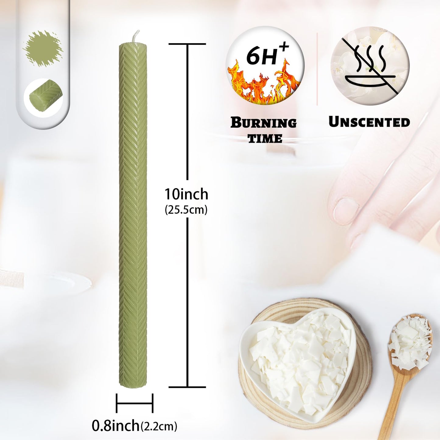 Unscented Long Spiral Taper Candle Handmade Dripless Grass Green 10 Inch Smokeless Tall Twisted Candlesticks Elegant Wave Design for Home Wedding Festive Décor