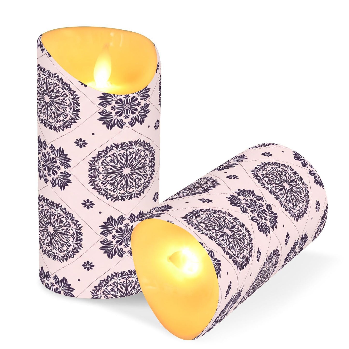 Gravopti Mandala Tile 2 Pack Flameless LED Pillar Candles with Remote & Timer, Battery Operated, Flickering Wax Candle for Wedding, Romantic Home & Party Decor
