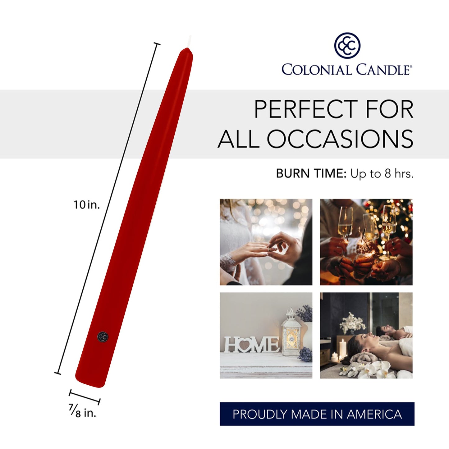 Colonial Candle Unscented Taper Candle, Handipt Collection, Red, 10 in, Pack of 12 - Up to 8 Hours Burn