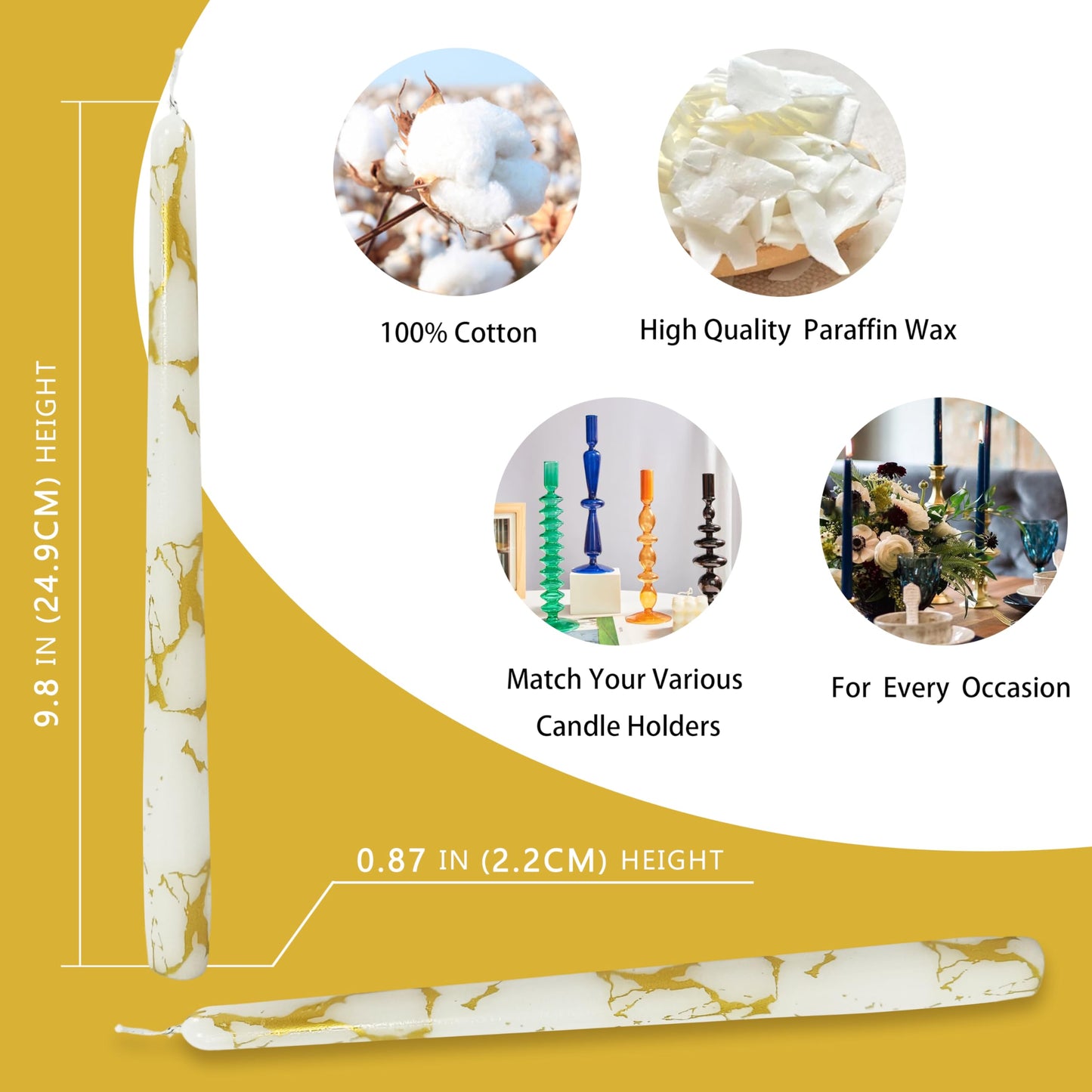 Gold Marble Printed Taper Candles Set of 2, 10 Inch Handmade Tapered Candles, Unscented Floral Candle Stick Style Candlesticks for Wedding Home Decor Gift