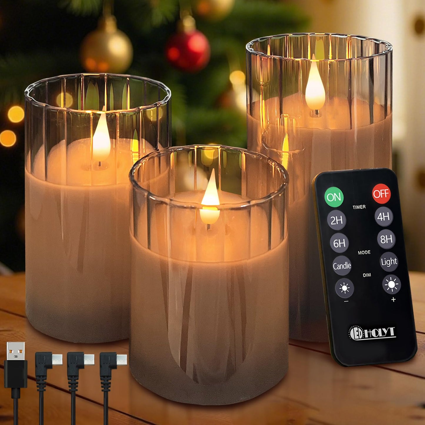LEDHOLYT Rechargeable Flameless Candle, Flashing LED Pillar Real Wax Candle with Remote Control and Timer, Grey Stripes Glass Electronic Candles for Room Decoration, 1 Set of 3