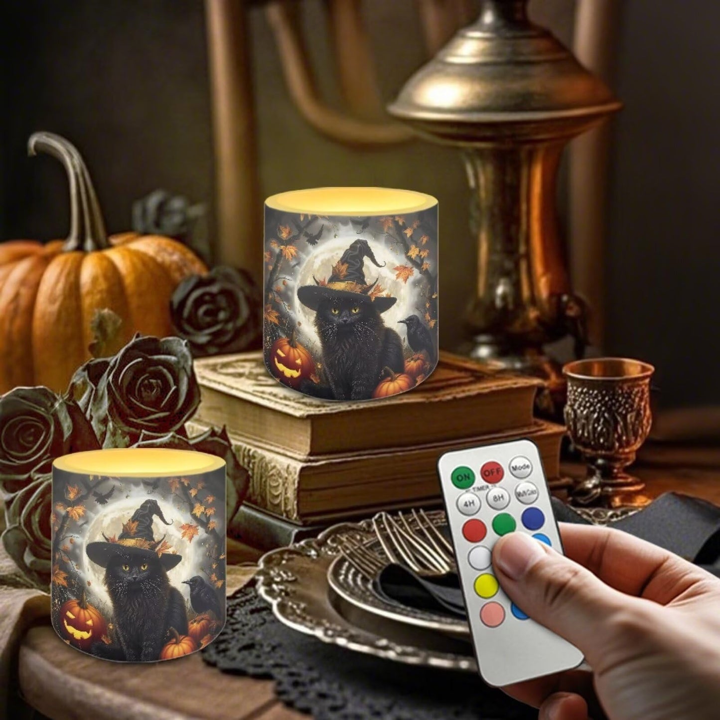 Merkmak 4Pcs Halloween Flameless Candles with 18-Key Remote Battery Operated Candles with Timer, Moon Black Cat Pumpkin LED Pillar Tea Lights for Party Banquet Home Decoration