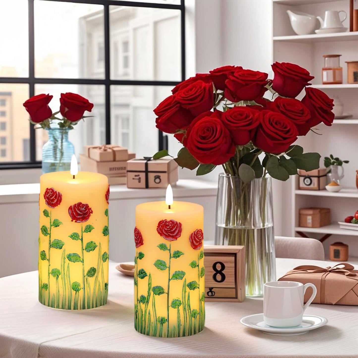 Eldnacele Rose Flameless Candles with 6 Hour Timer, Battery Operated Hand Painted 3D Wick Flickering Real Wax LED Pillar Candles for Spring Dinner Christmas Holiday Decor((2Pcs, D3×H6.5)