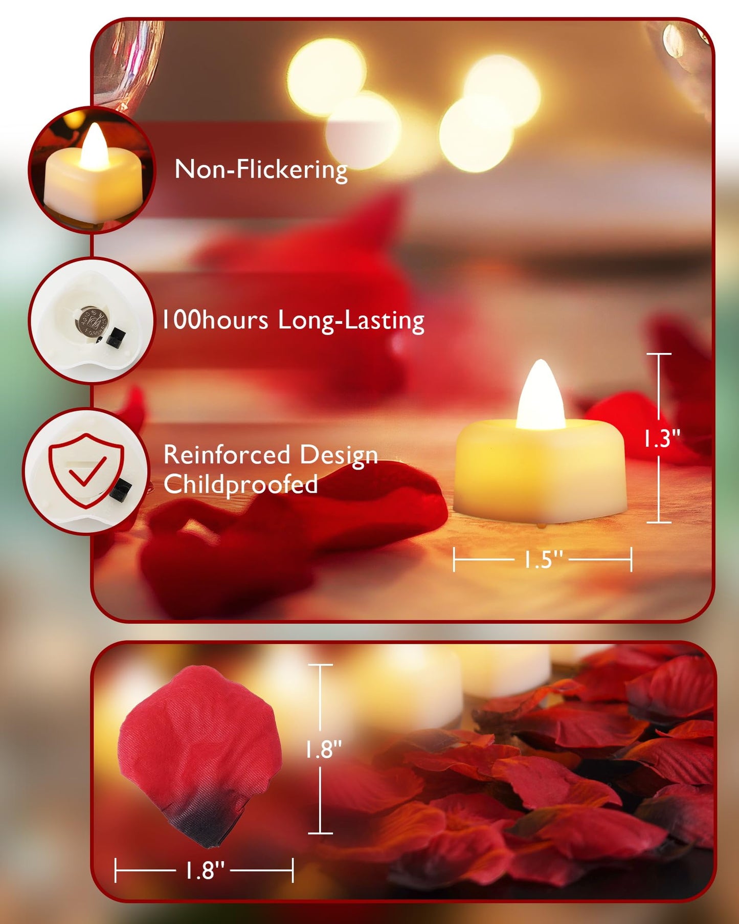Homemory Rose Petals and Candles Set for Romantic Decorations Special Night, 2000 Pcs Red Rose Petals with 24 Pcs LED Heart Candles Lights for Proposal, Anniversary, Birthday, Wedding Decor