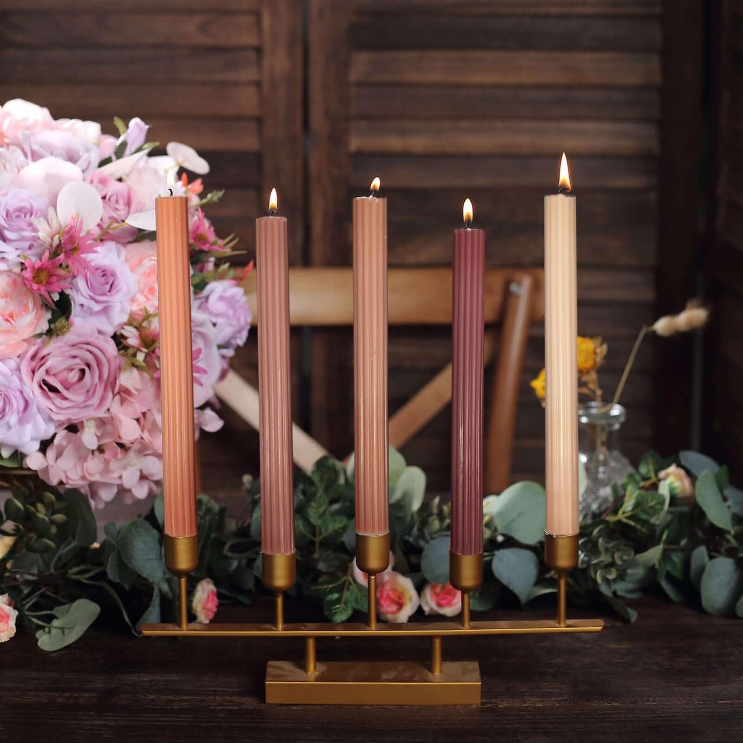 Tableclothsfactory 5 Pack | 9" Assorted Natural Premium Unscented Ribbed Wick Taper Candles, Tall Ribbon Wax Dinner Candles