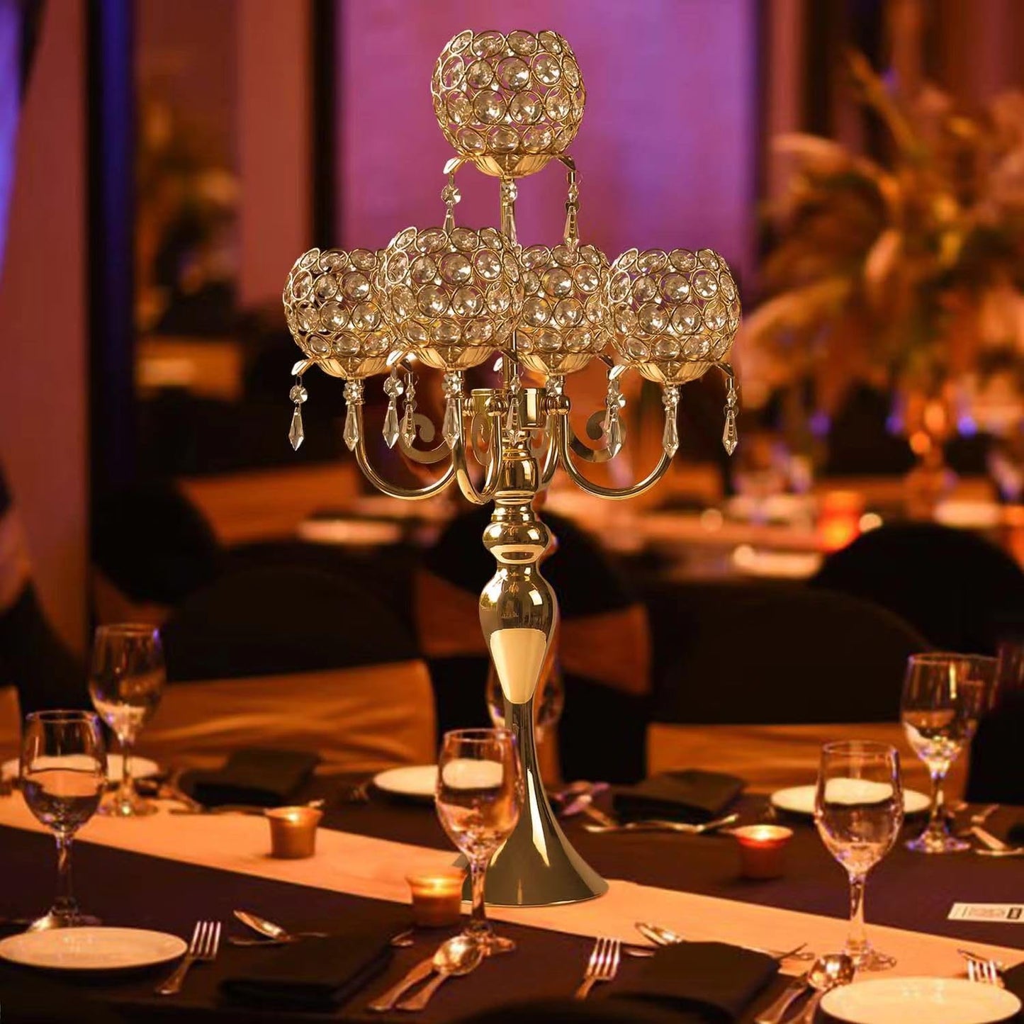 2 PCS Kehail Crystal Table Decoration Gold Candle Holder with Pendant, 5 Arm Candelabra Holder Beautiful Hollow Engraved Table Centerpiece for Christmas, Thanksgiving, Weddings, Holiday Parties