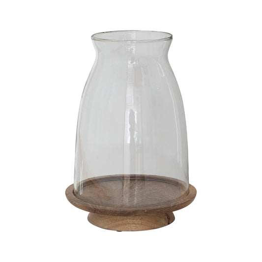 Creative Co-Op Glass Hurricane Candleholder with Mango Wood Base, Natural & Clear
