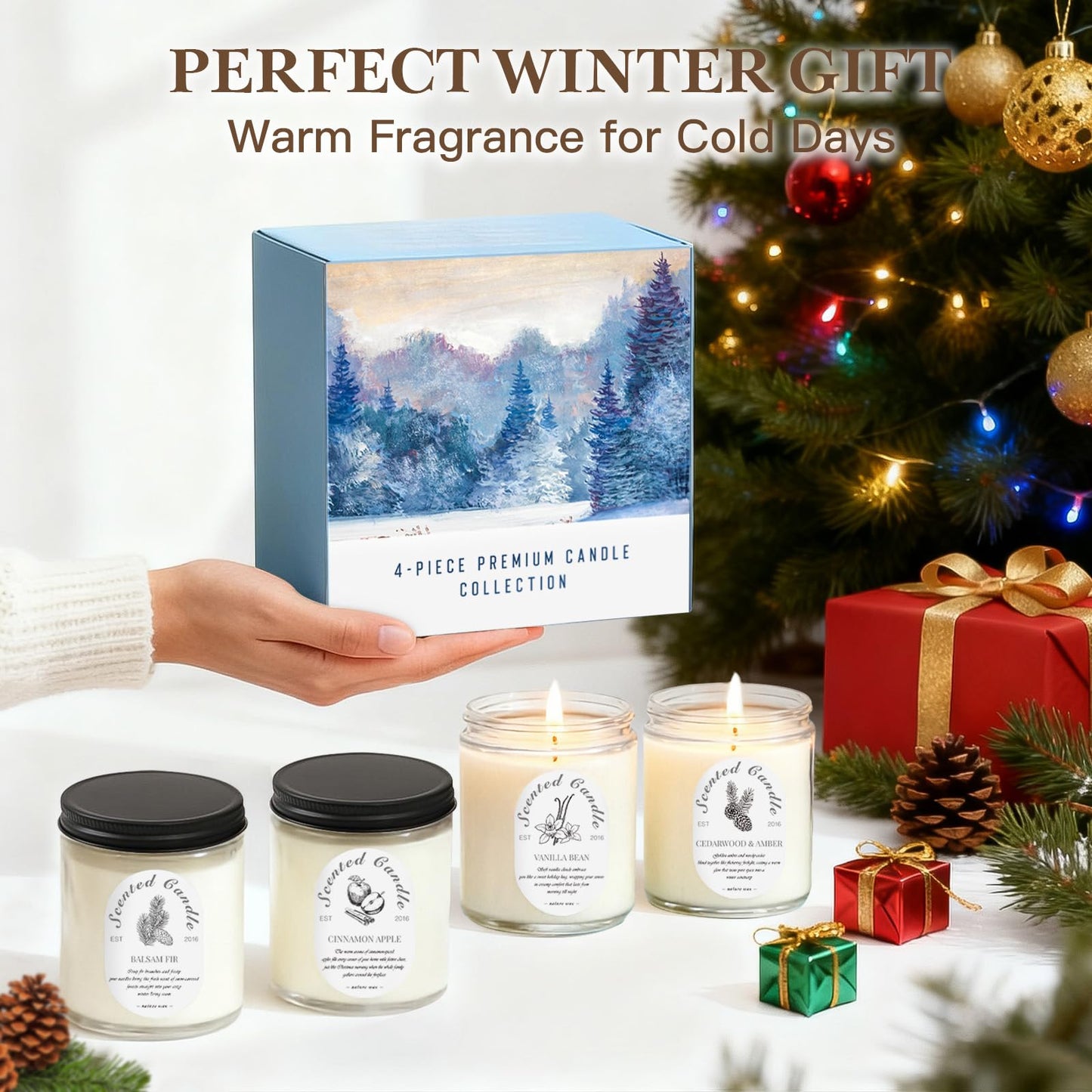 Scented Candle Gift Set, 4 Pack 28oz Soy Wax Scented Candles for Home – Cinnamon Apple, Balsam Fir, Vanilla Bean, Cedarwood & Amber – Cozy Aromatherapy Candles for Holiday & Home Decor Gifts
