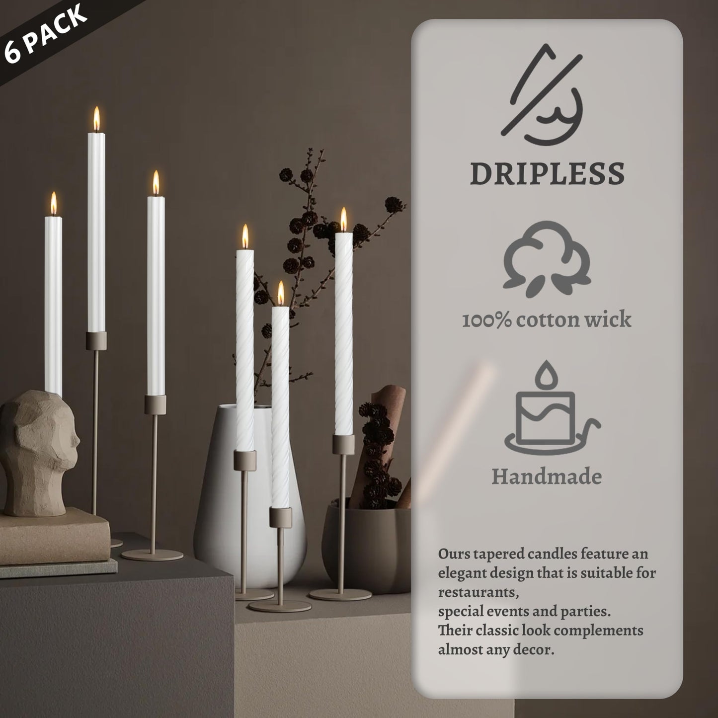Dripless Unscented White Spiral Taper Candles Smokeless Long Lasting Burn 10 Inch Elegant Roman Column Candlesticks for Home Décor Set of 6