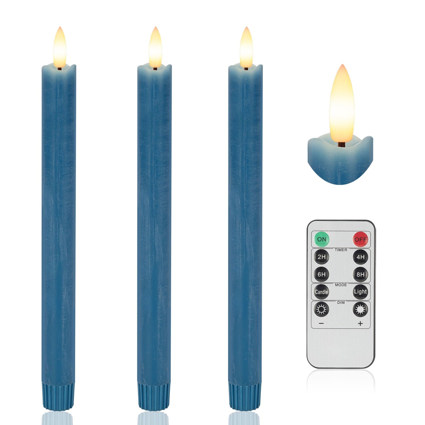 AFINETH Blue Flameless Taper Candles with Rmote, 9.6" Real Wax Battery Operated Candles with 3D Wick, 3 Pack Led Candlesticks Flickering, Electric Candlesticks for Home, Wedding, Party Decor