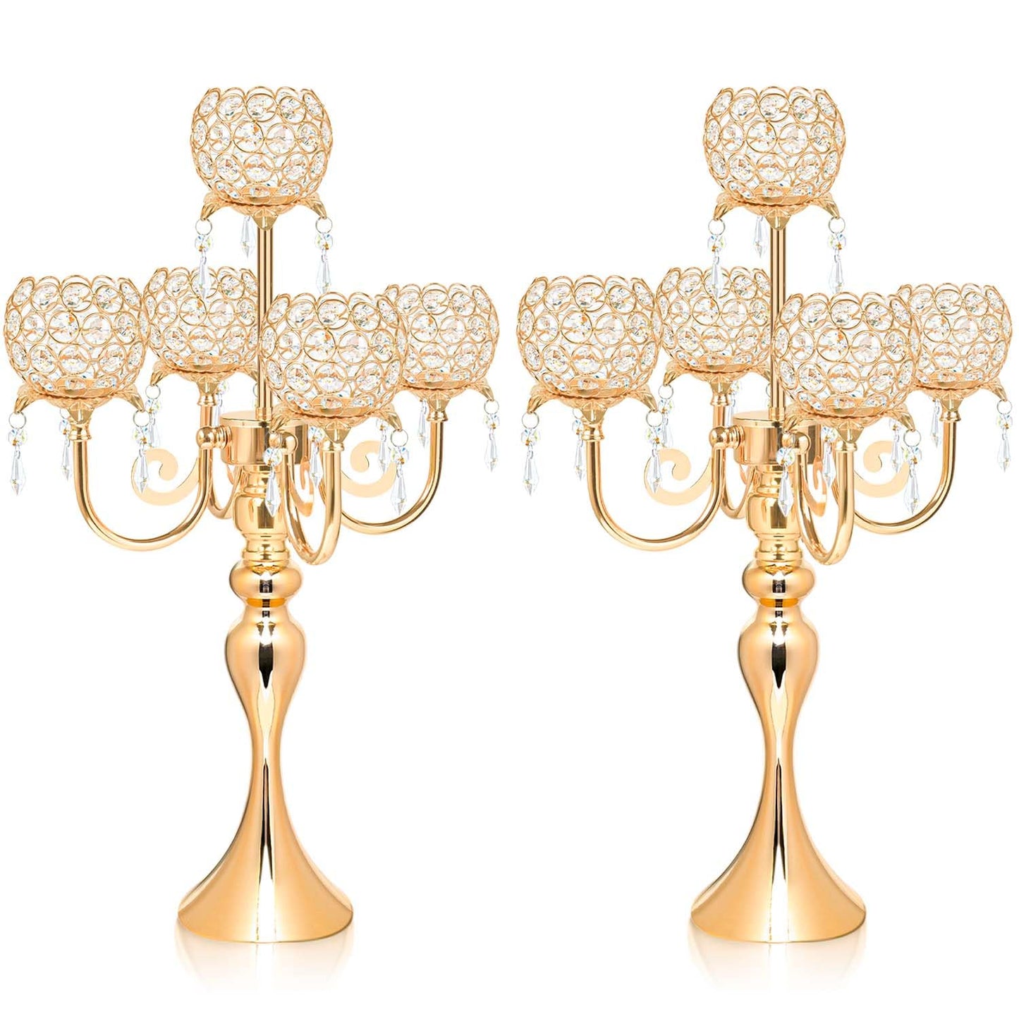 2 PCS Kehail Crystal Table Decoration Gold Candle Holder with Pendant, 5 Arm Candelabra Holder Beautiful Hollow Engraved Table Centerpiece for Christmas, Thanksgiving, Weddings, Holiday Parties