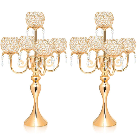 2 PCS Kehail Crystal Table Decoration Gold Candle Holder with Pendant, 5 Arm Candelabra Holder Beautiful Hollow Engraved Table Centerpiece for Christmas, Thanksgiving, Weddings, Holiday Parties