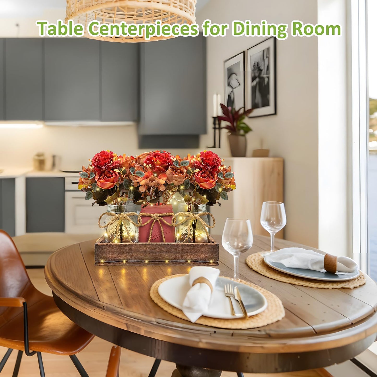 HOMECOR Mason Jar Light Centerpiece Table Decor for Dining Room - Farmhouse Centerpiece Table Decorations with Wood Tray and Remote Control LED Lights for Coffee Table Decor Living Room Wedding