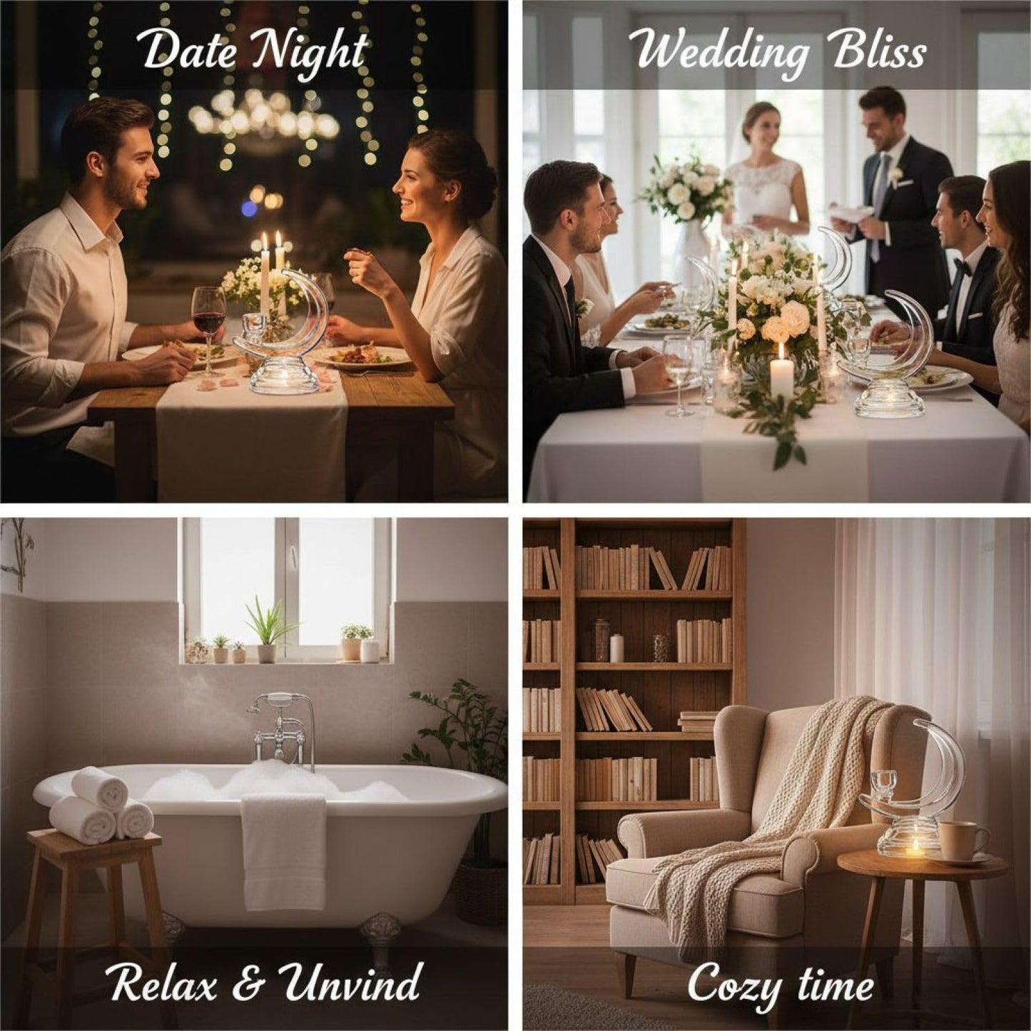 Glass Candle Holder, Moon-Shaped Romantic Stand for Weddings and Dinner Parties, Clear Glass Table Centerpieces, 6.7 in / 17 cm Height, Contemporary Decorative Accent Piece