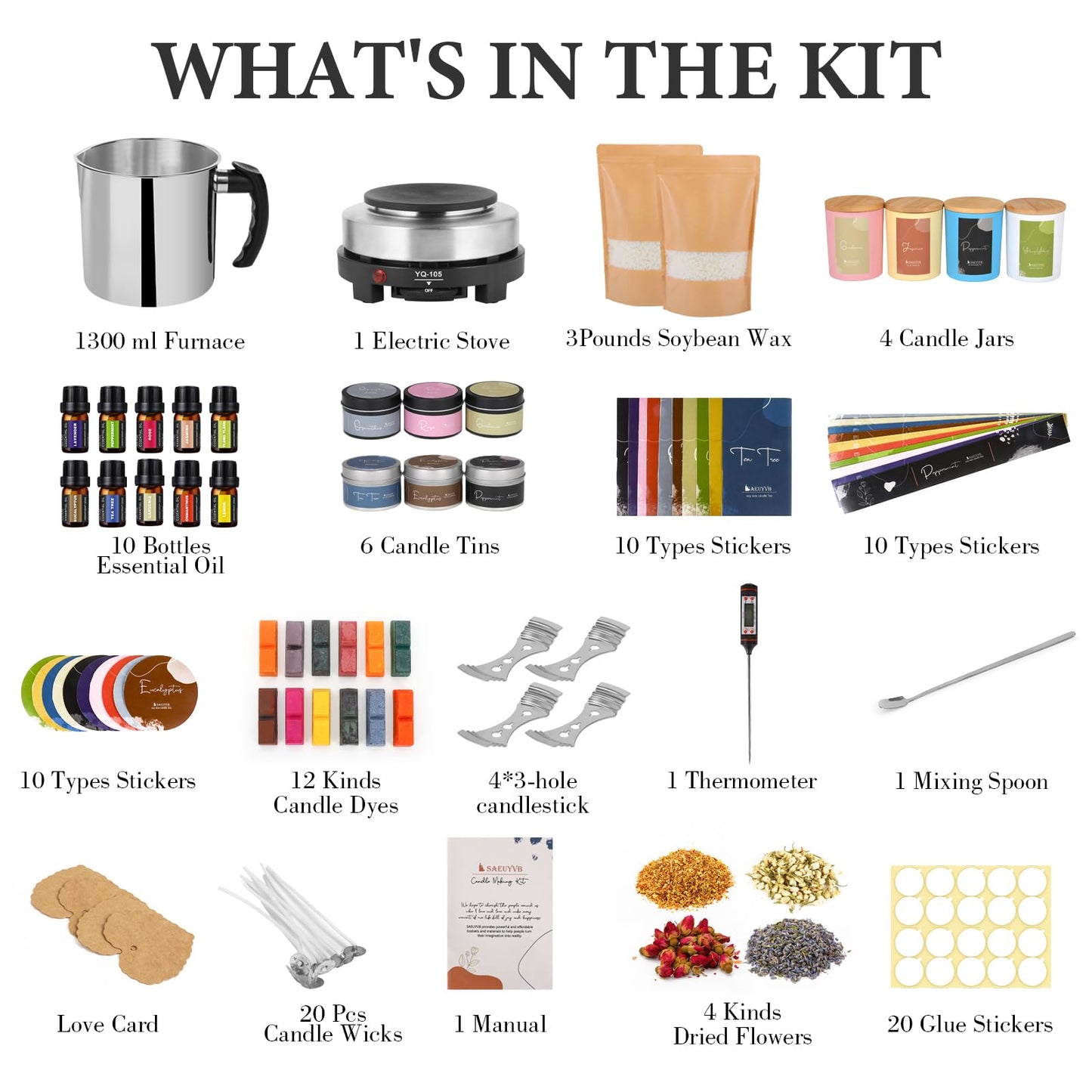 SAEUYVB Candle Making Kit - DIY Starter Soy Candle Making Supplies with Wax Melter, Including Soy Wax, 10 Candle Jars, 10 Pleasant Scents, Color Dyes & More，Perfect Candle Making Kit for Adults