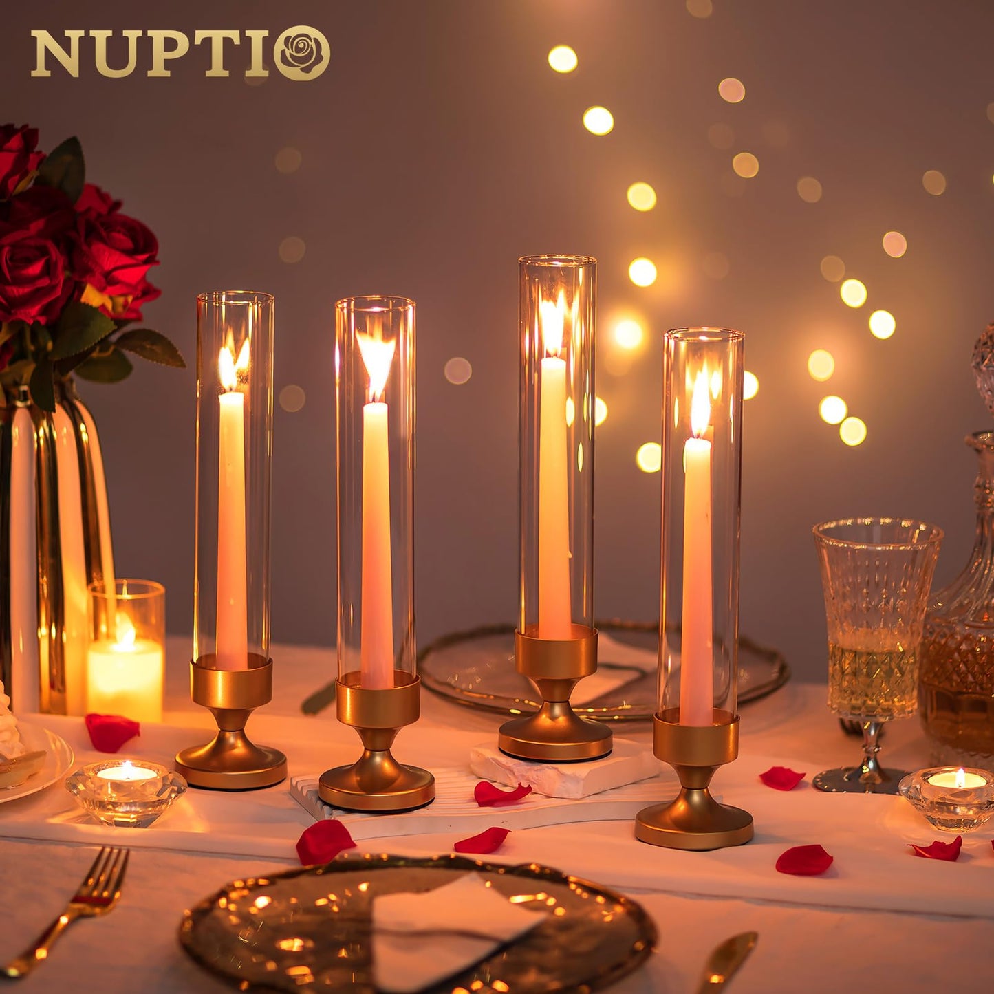 NUPTIO Hurricane Glass Candle Holder: Set of 10 Metal Taper Candle Holders with Sleeves - Gold Candlestick Holders Bulk for Outdoor Party Wedding Table Centerpiece Decoration