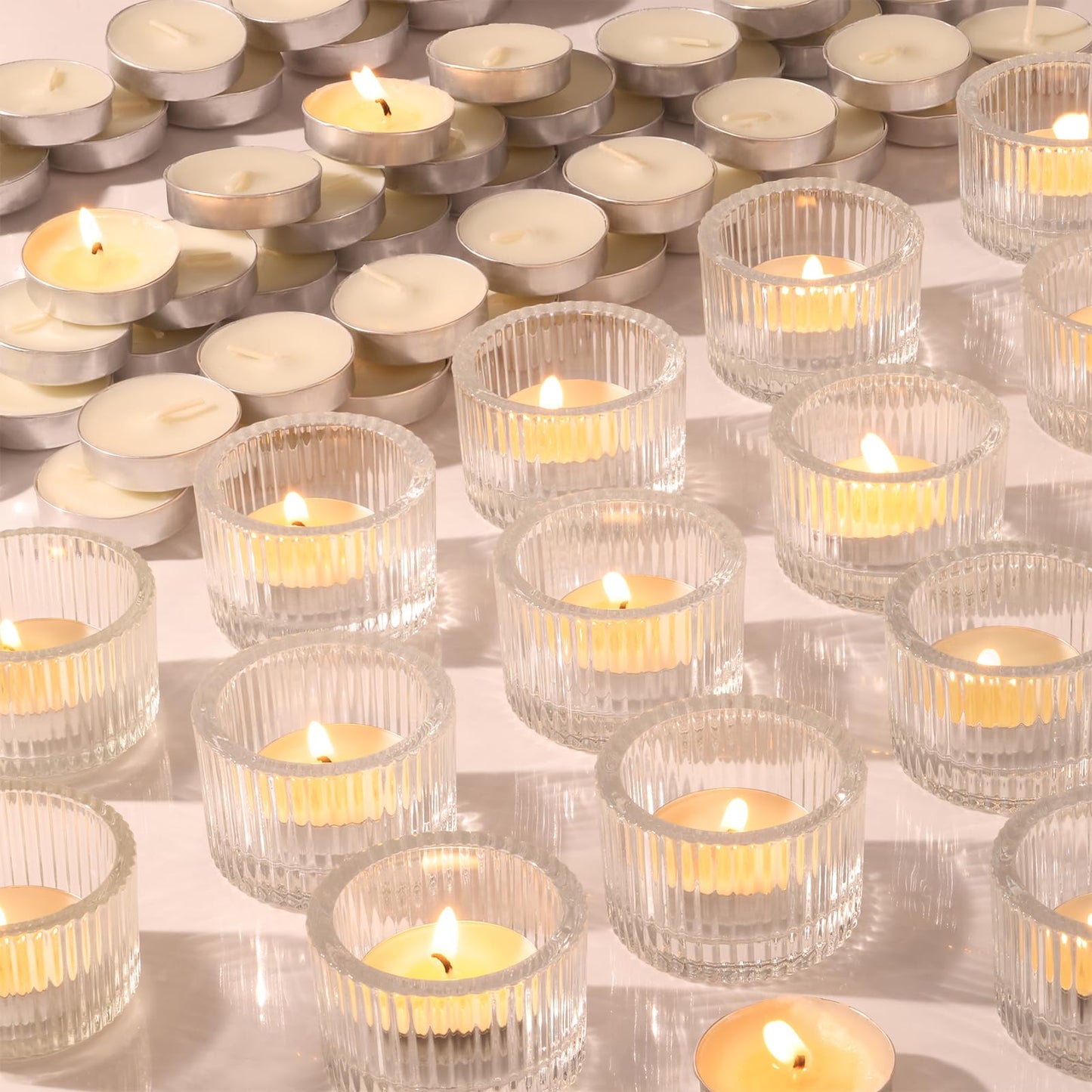 NITIME 30Pcs Clear Tealight Candle Holder with 32pcs Tea Light Candles, Ribbed Votive Candle Holders Glass for Table Centerpiece, Wedding Decor, Home and Holiday Decor