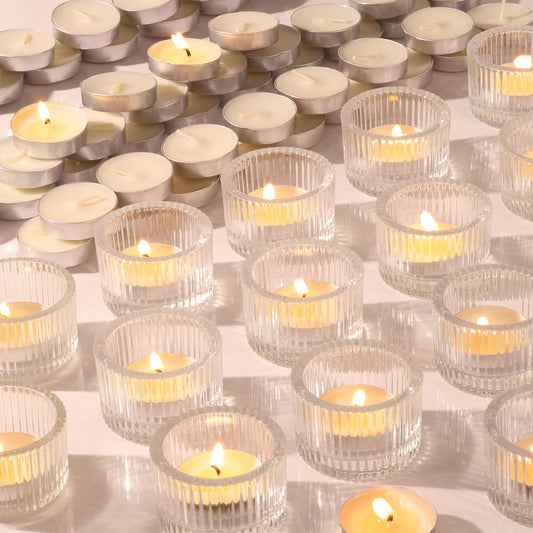 NITIME 30Pcs Clear Tealight Candle Holder with 32pcs Tea Light Candles, Ribbed Votive Candle Holders Glass for Table Centerpiece, Wedding Decor, Home and Holiday Decor