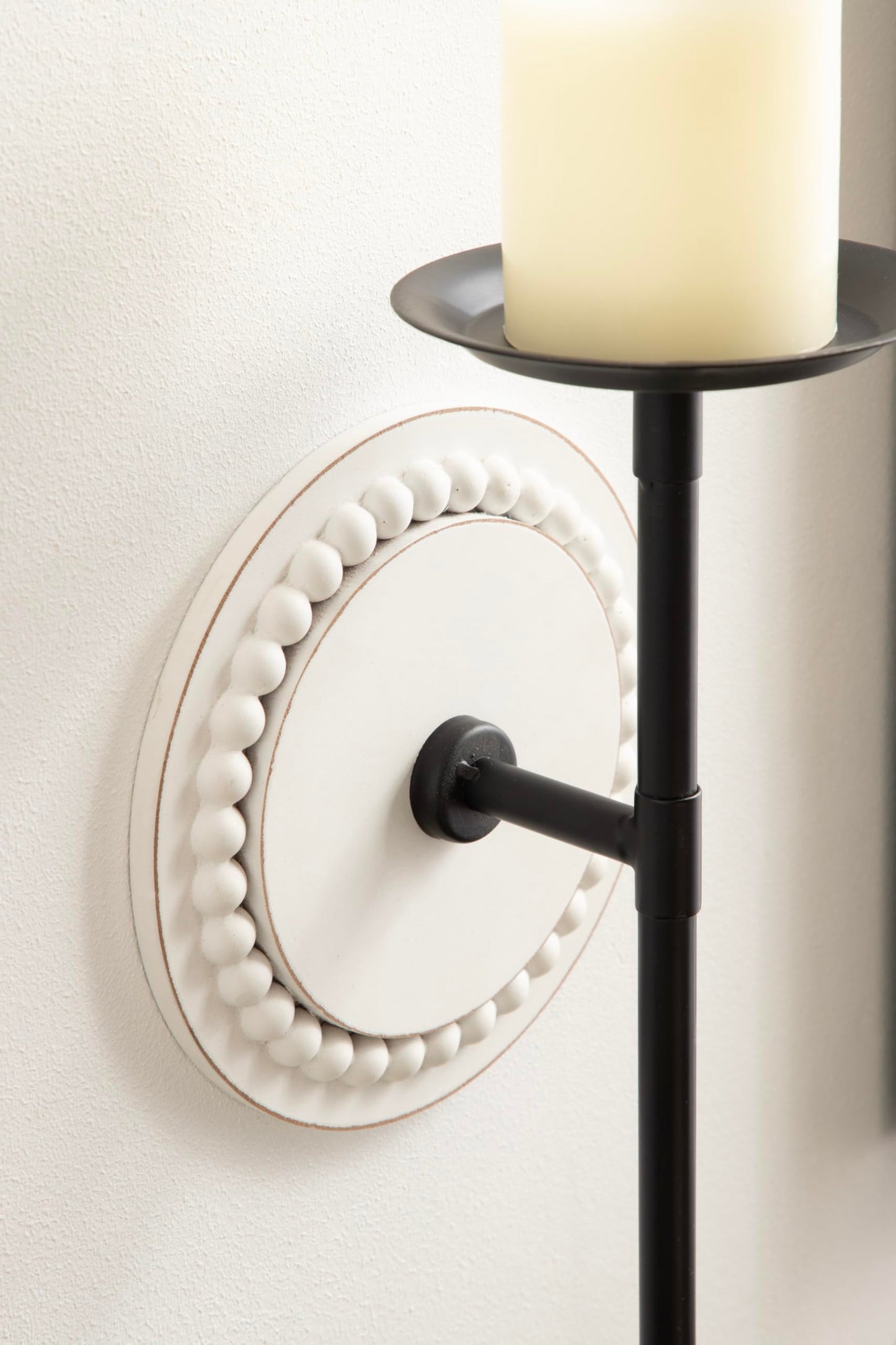 Kate and Laurel Letta Traditional Beaded Wall Sconce; 8 x 6 x 12; White and Black; Two-Tone Modern Coastal Wood and Metal Candle Holder for Flameless Candles