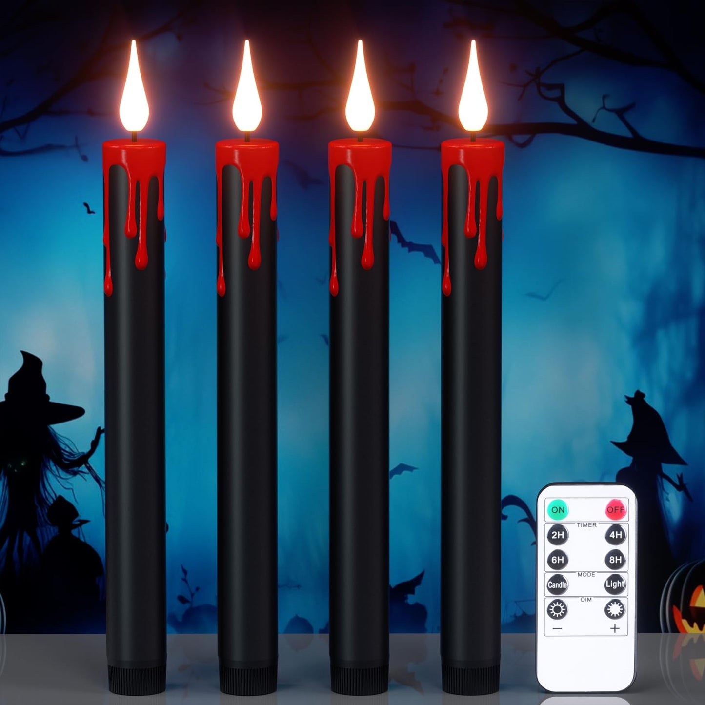 DRomance Black Flameless Taper Candles Flickering with Remote and Timer, Blood Dripping Wax Effect Battery Operated Yellow Light LED Taper Candles Dinner Halloween Spooky Decor(4 Pack, 0.78" x 8.9")