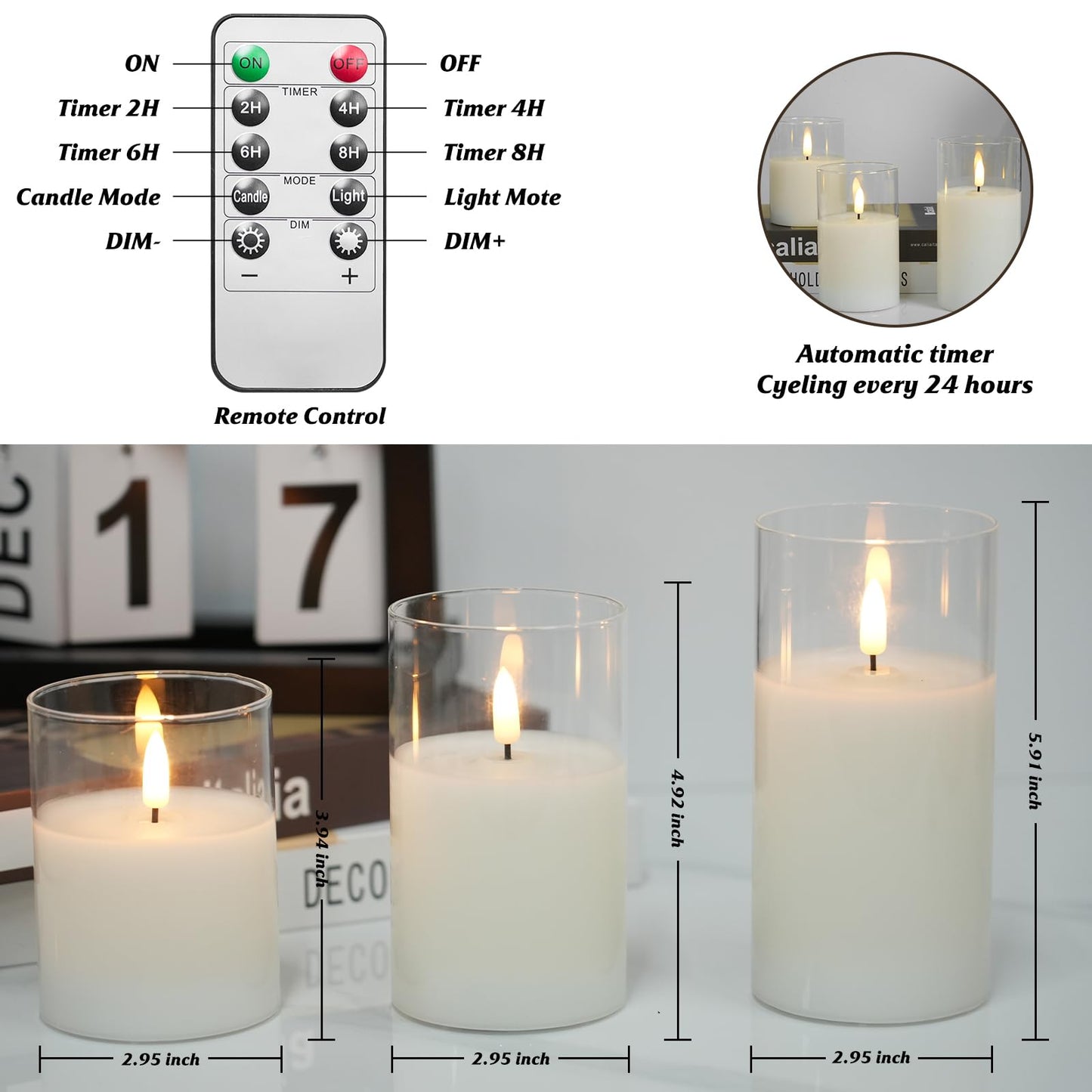 Homwamee Flameless Candle in Glass, Flashing LED Pillar Real Wax Fake Candle with Remote Control and Timer, Battery Operated Electronic Candles for Wedding Home Decorations - 3Pack
