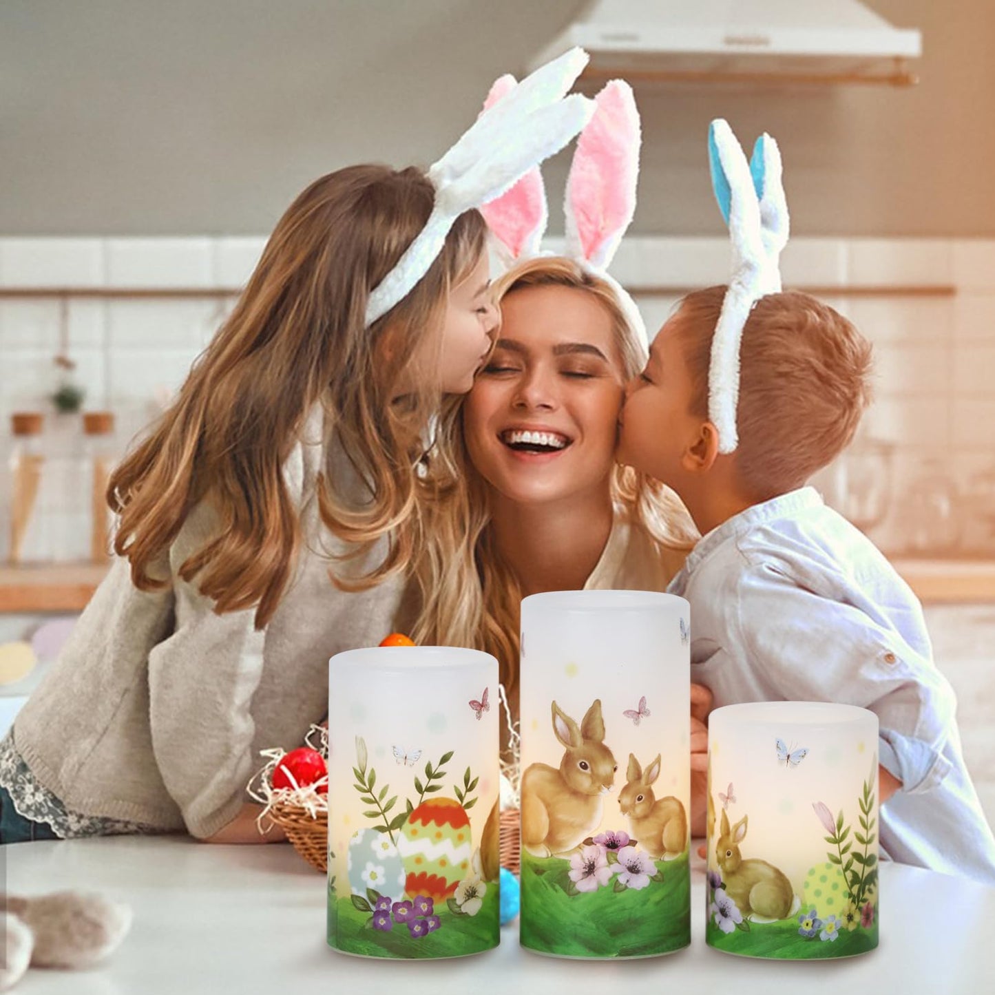 Wondise Easter Bunny Flameless Candles with 6hrs Timer, Battery Operated Pillar Candles with Easter Eggs Lilies Real Wax Flickering LED Candles for Easter Decoration Set of 3(D3 x H4/5/6 Inch)