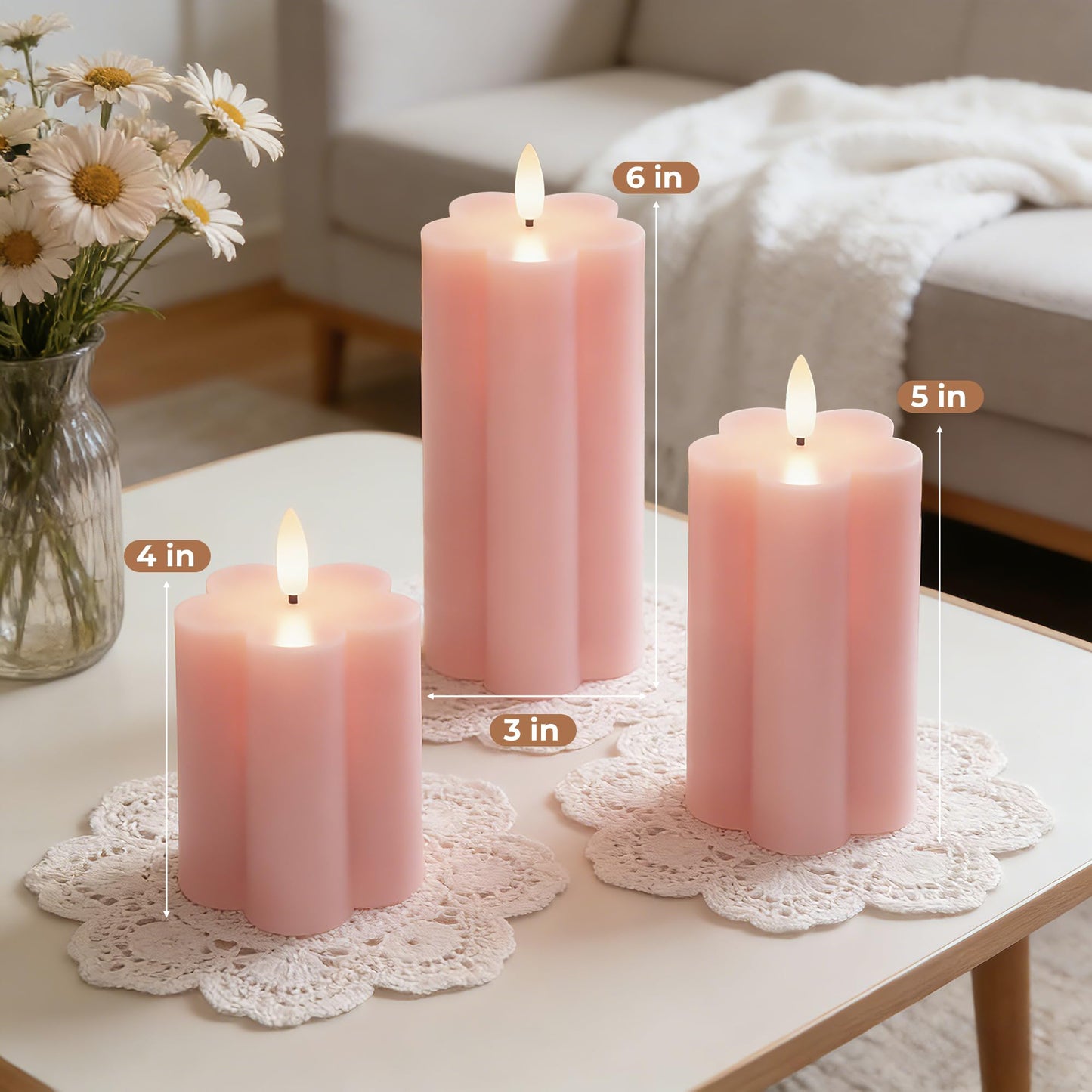 Velsyn Pink Flower Flameless Candles with Remote and Timer Real Wax Made LED Pillar Candles Battery Operated with 3D Flickering Flame Indoor Use Spring Decor, 3" x 4",5",6", Set of 3