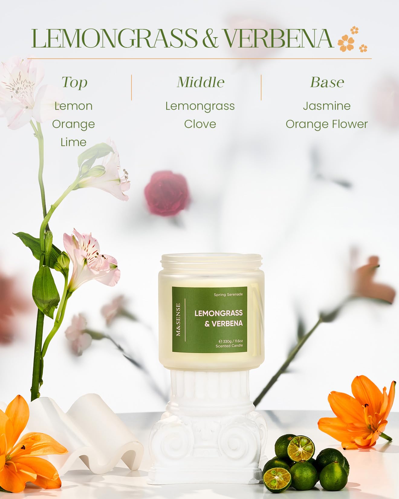 M&SENSE Lemongrass Verbena Scented Candles for Home, 11.6oz Organic Soy Wax, 70 Hours Long Lasting, Natural Non Toxic Clean Burn, 2 Wicks Herbal Smelling Aromatherapy Candle in Large Jar for Cleansing