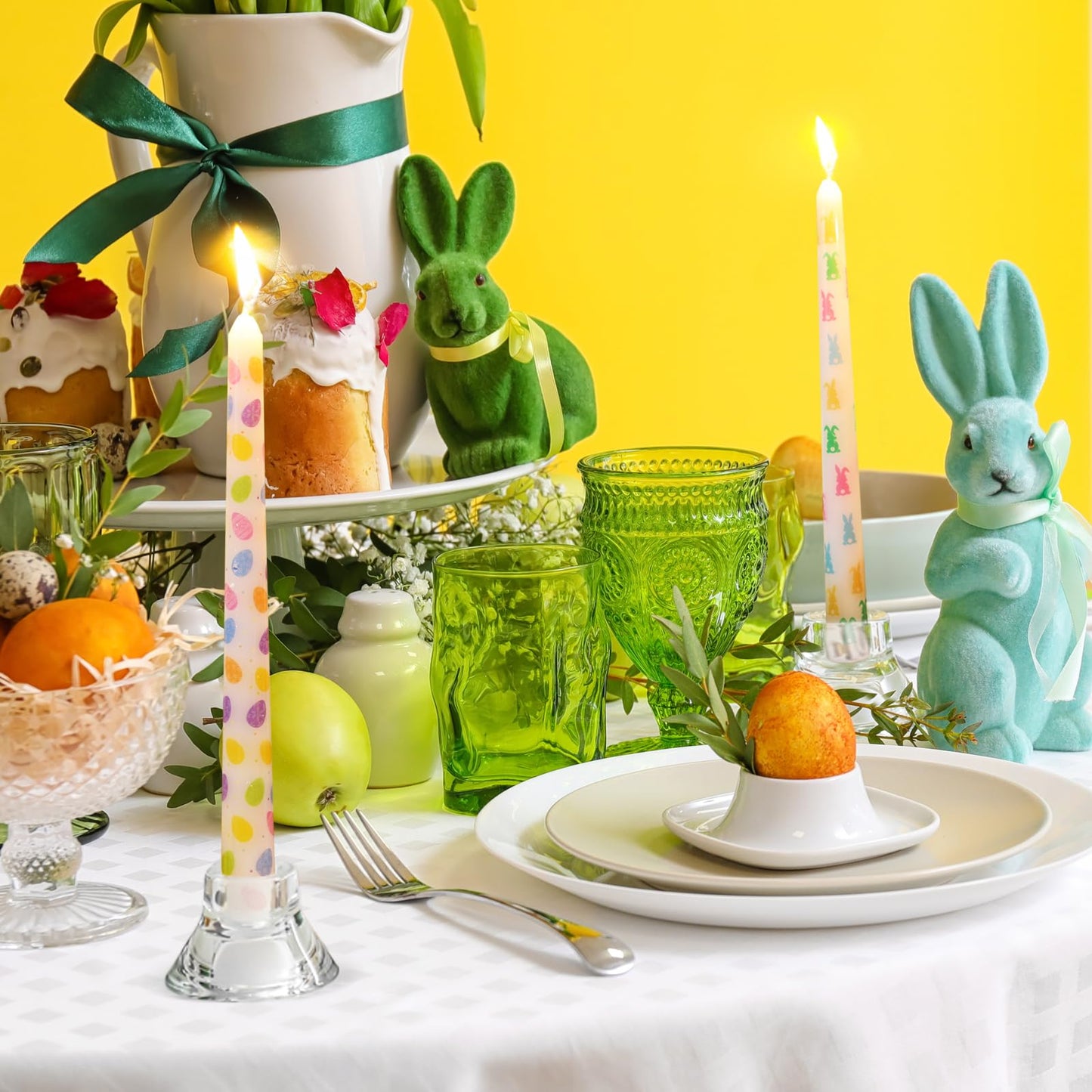 Threlaco 12 Pcs Bunny and Egg Taper Candles Set 10 Inch Pastel Spring Candle Sticks for Table Decoration Dinner Party Holiday Decor Basket Stuffer
