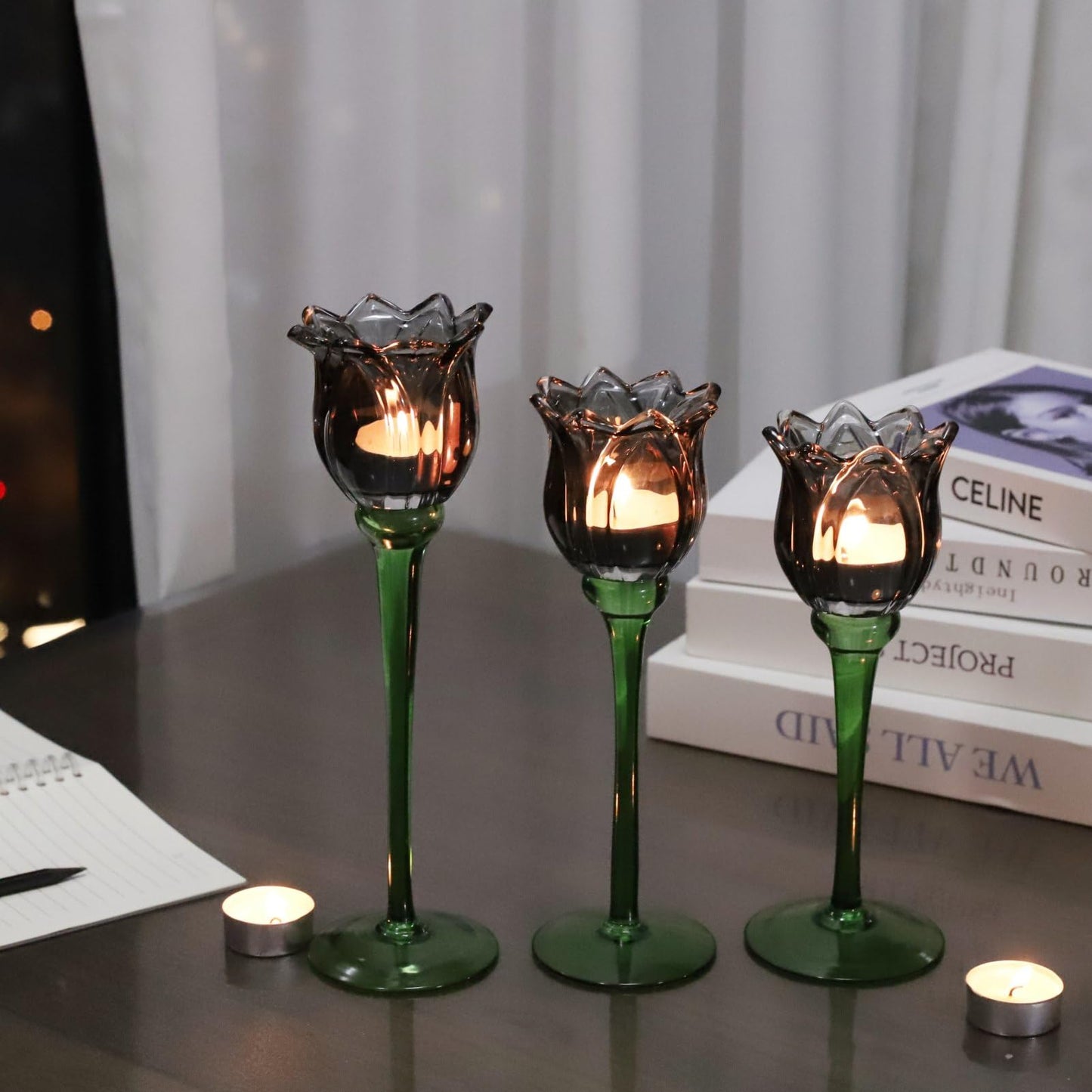 VOHO Light Black Flower Tealight Candle Holder Set of 3, Holiday Decorative Votive Candle Holders for Halloween Theme Party, Different Heights Tulip Tea Lights Candle Holder for Modern Farmhouse Decor