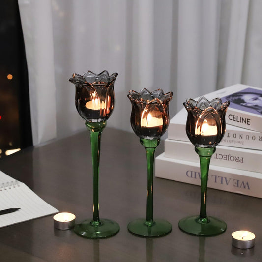 VOHO Light Black Flower Tealight Candle Holder Set of 3, Holiday Decorative Votive Candle Holders for Halloween Theme Party, Different Heights Tulip Tea Lights Candle Holder for Modern Farmhouse Decor