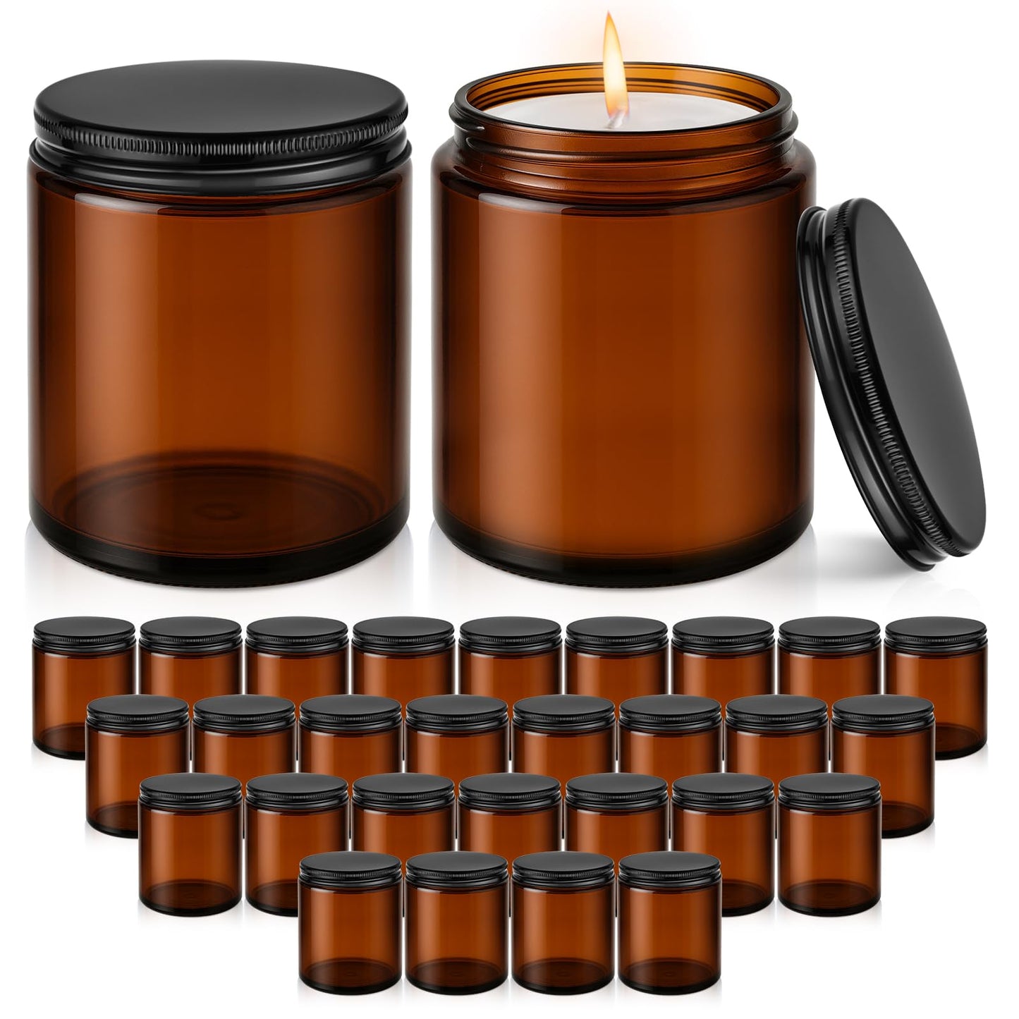 Tecohouse 8oz Glass Jars with Lids, 30 Pcs Amber Candle Jars for Making Candles with White Labels & Inner Liners, Empty Airtight Round Cosmetic Containers for Cream, Spice, Lotion, Ointments, Liquid