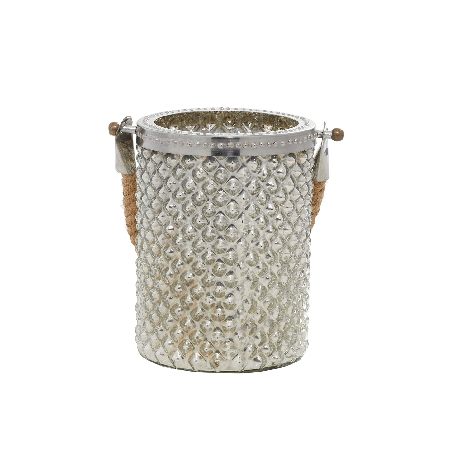 Deco 79 Glass Handmade Indoor Outdoor Candle Lantern Decorative Lantern Candle Holder with Rope Handle, Lantern 5" x 5" x 13", Silver