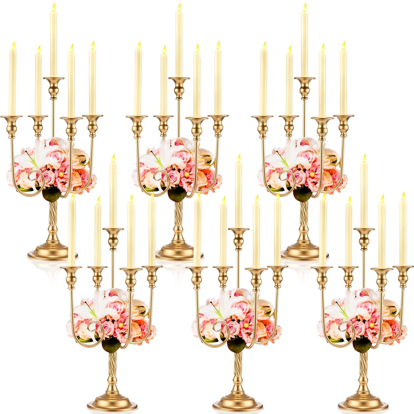 Rtteri 6 Pcs Gold Candelabra Candlestick Holder Metal Candle Stand Candelabra for Taper Candles Table Centerpieces Wedding Christmas Holiday Birthday Party (9.45 x 9.45 x 19.7 Inch,5 Arm)