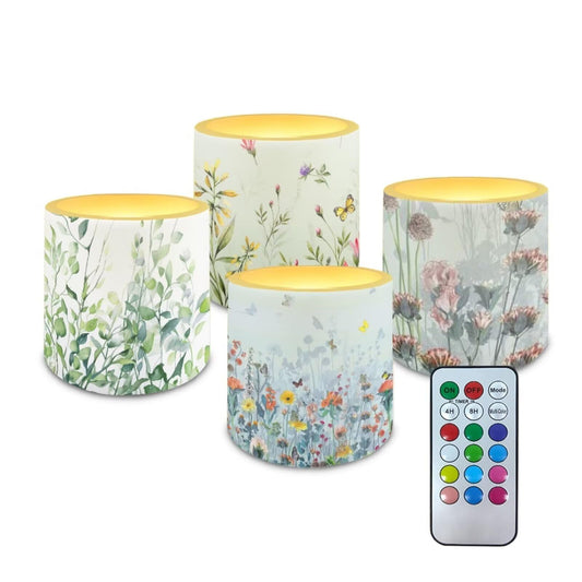 NETILGEN Floral Leaf 4 Pieces Flameless LED Pillar Candles with Battery Operated Color Changing Flameless Candles with Timer Remote Control for Home Party Decor