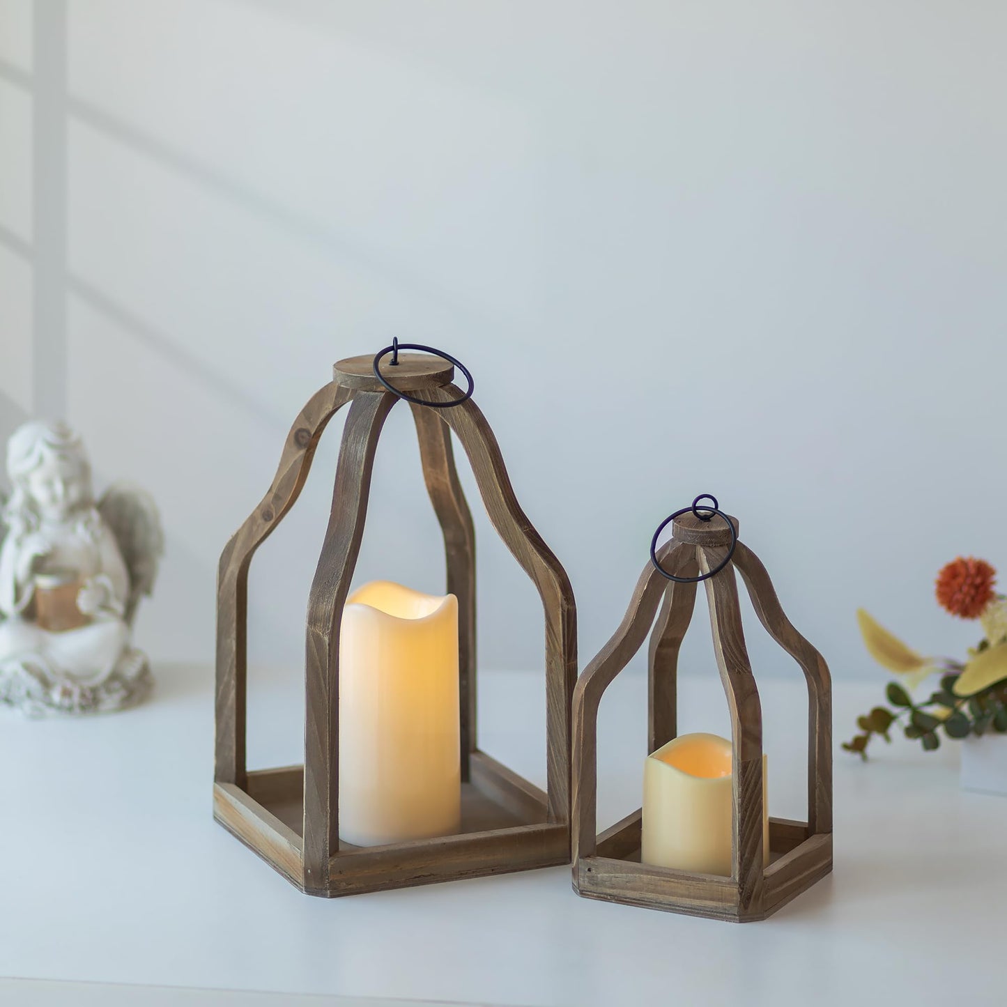 Romadedi Farmhouse Decorative Lantern Wooden - Set of 2 Rustic Wood Lanterns Candle Holder for Wedding Table Centerpieces Indoor Outdoor Fireplace Mantle Home Decor, Brown