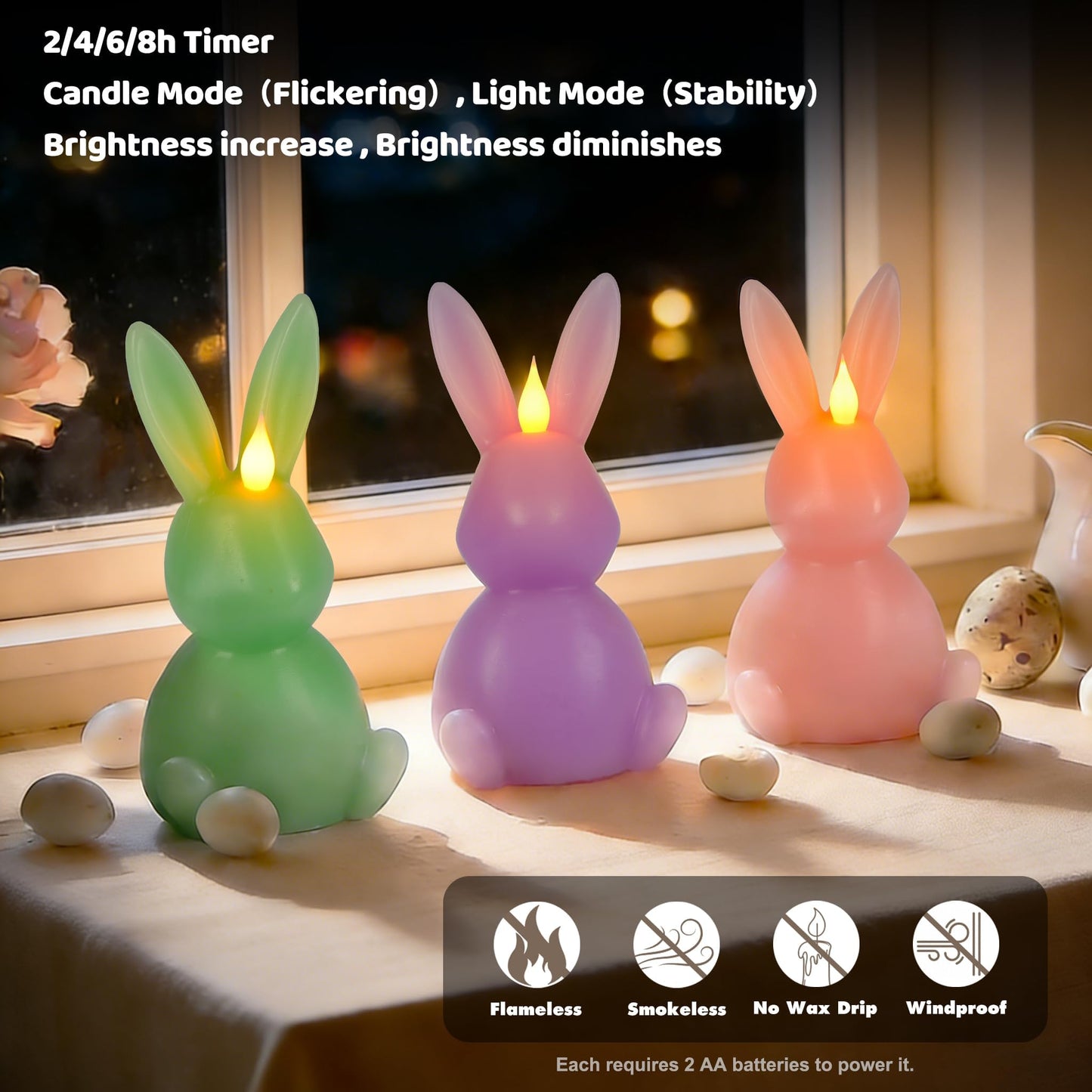 Leorate 6PCS Easter Bunny Flameless Candles – 7.5" Battery Operated LED Rabbit Candles with Flickering Flame, Green Purple Pink Real Wax Finish for Easter Decor, Table Centerpiece & Spring Home