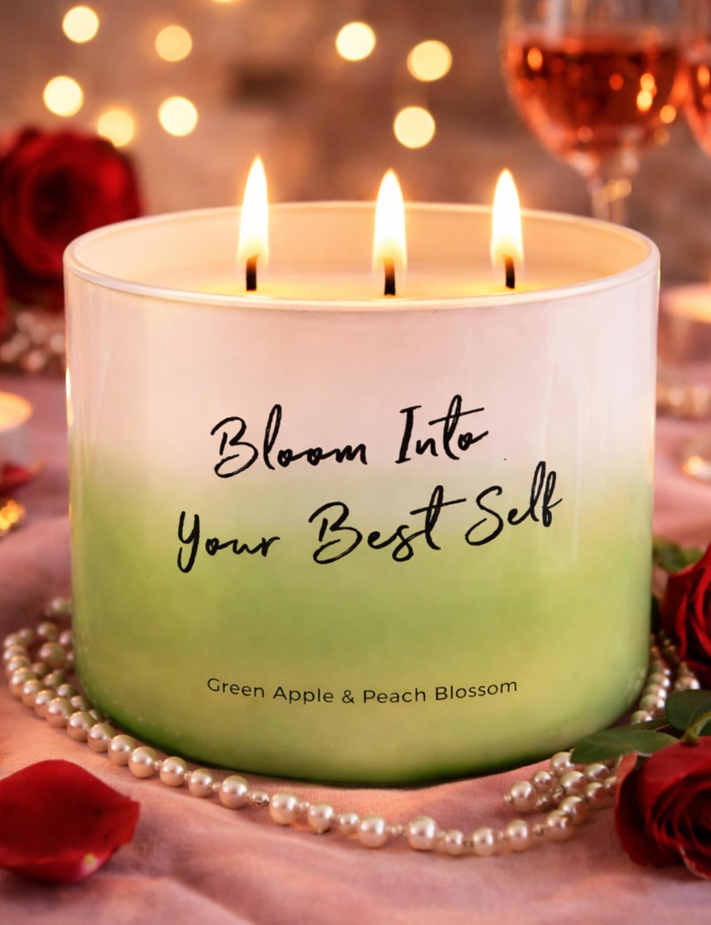 Green Apple Peach Blossom Scented Soy Candle - Large 3-Wick Aromatherapy Candle for Home, 15.8oz - Fresh Fruity Scent - “Bloom Into Your Best Self” Quote - Inspirational Home Decor Gift