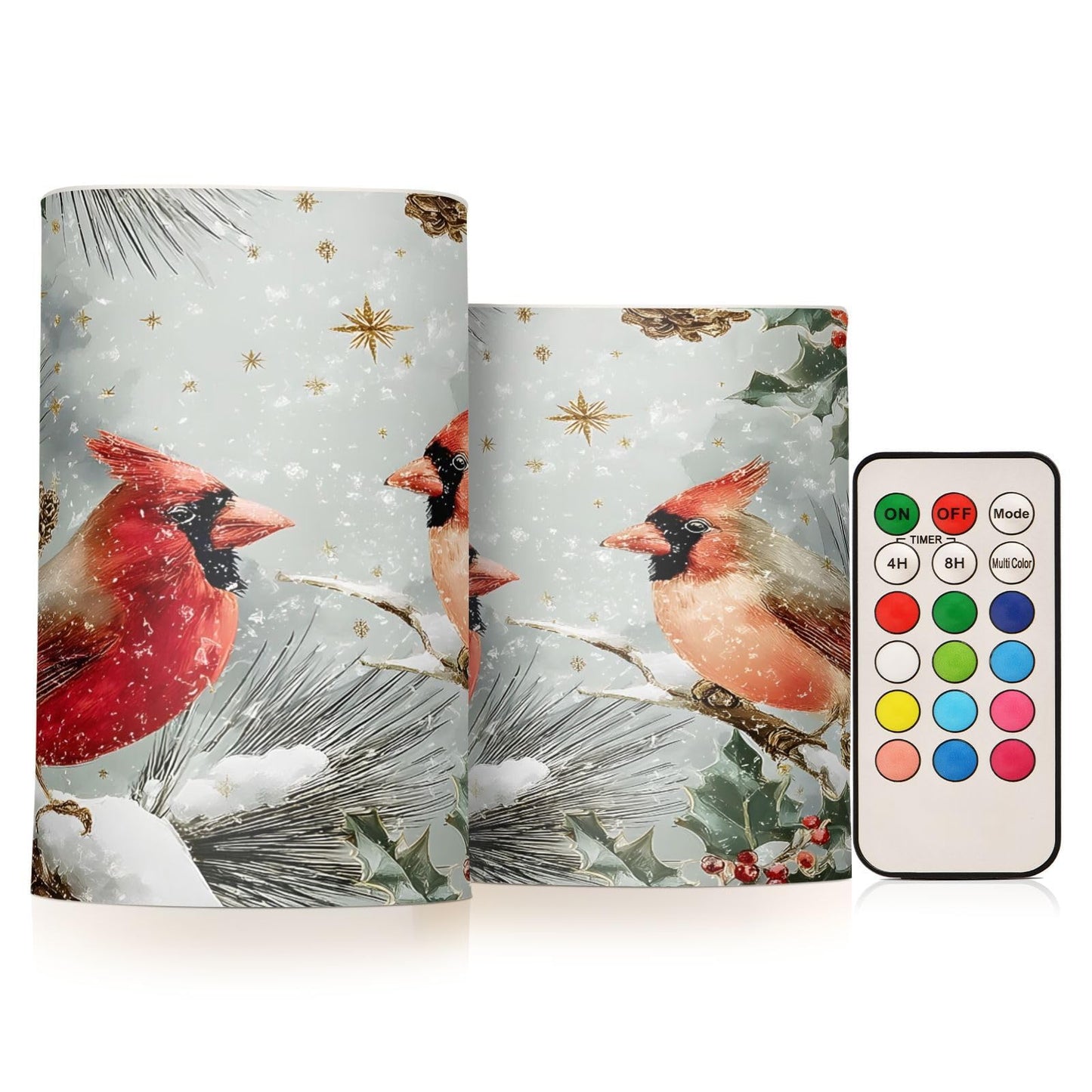 ALAZA Cardinals Perched Berry Flameless Candles Flickering LED Candles with Remote Timer Battery Operated Pillar Candles Set of 2 for Dinner Holiday Decor